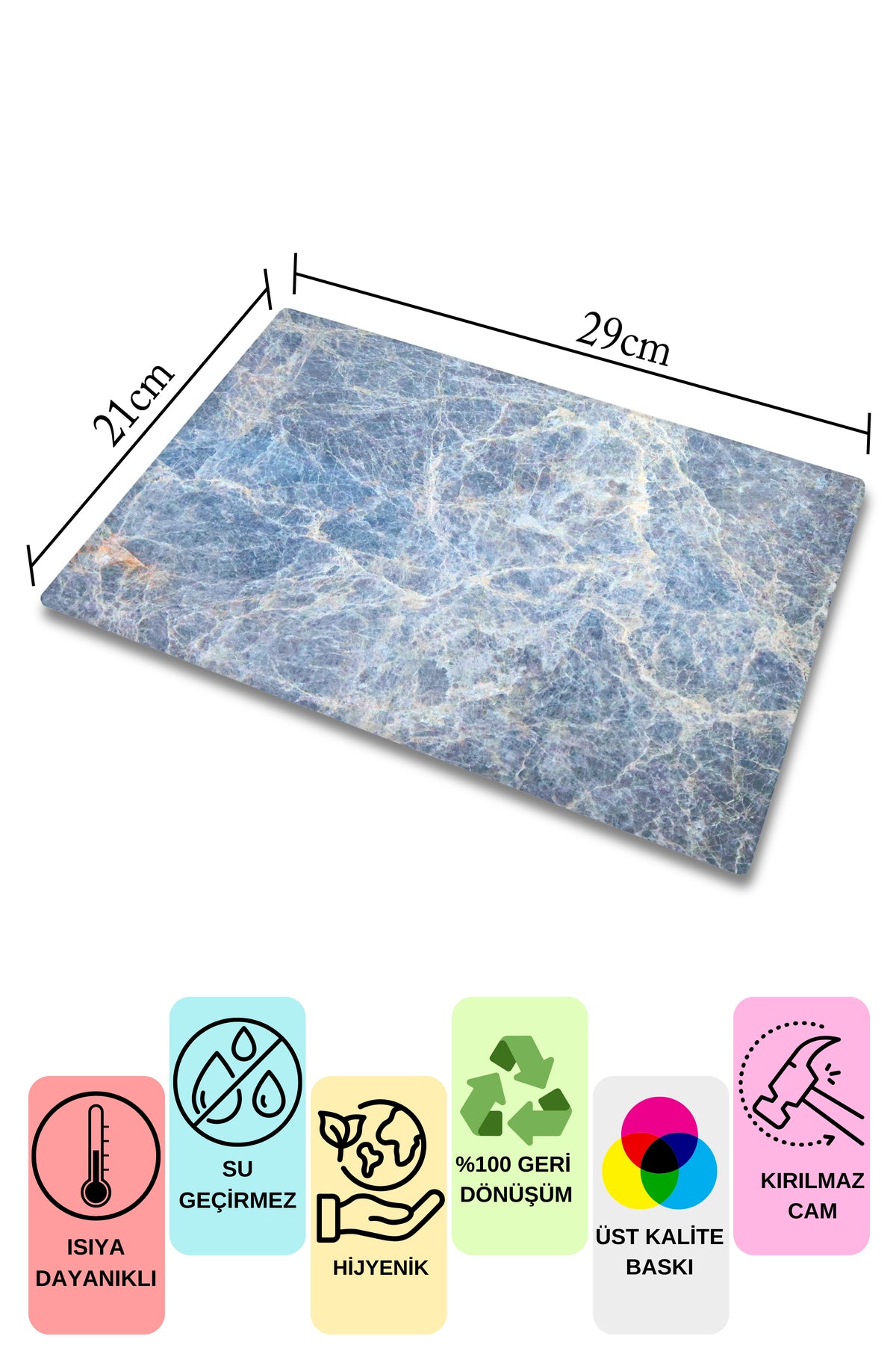 Cam Kesme Tahtası, Kalın Ve Kırılmaz Cam - Mermer Temalı - 21*30cm, Doğrama Tahtası, Mutfak Dekoru