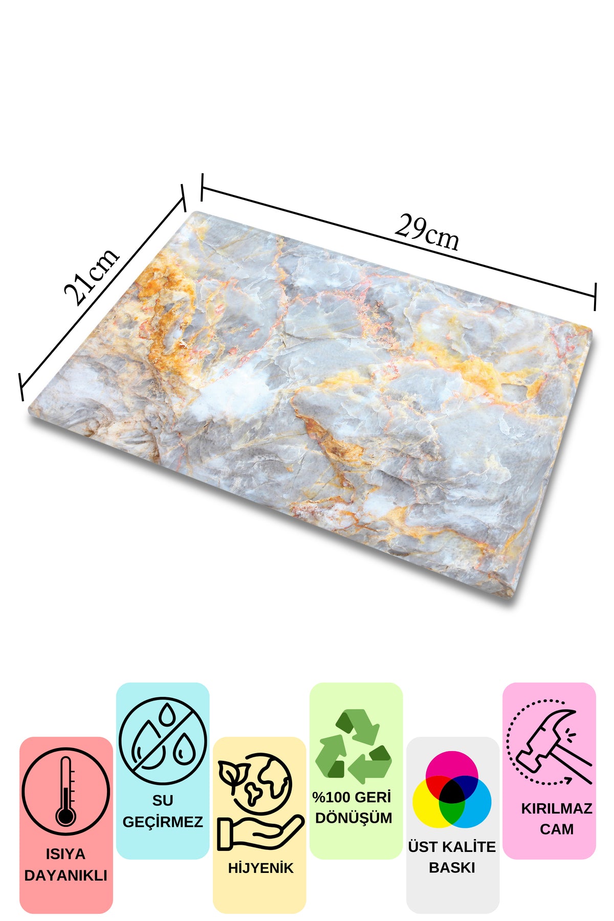 Cam Kesme Tahtası, Kalın Ve Kırılmaz Cam - Mermer Temalı - 21*30cm - Doğrama Tahtası, Mutfak Dekoru