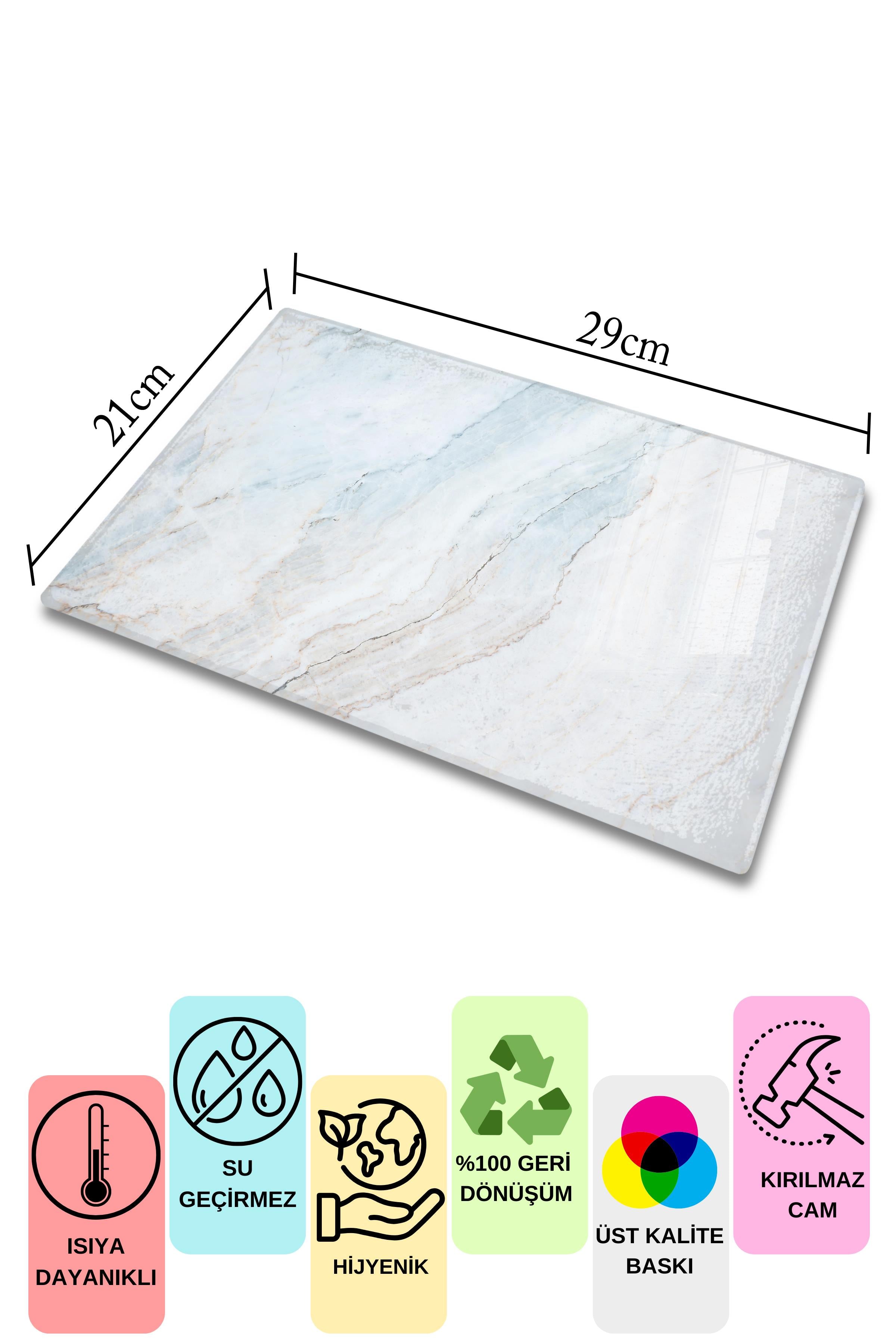 Cam Kesme Tahtası, Kalın Ve Kırılmaz Cam - Mermer Temalı - 21*30cm - Doğrama Tahtası, Mutfak Dekoru