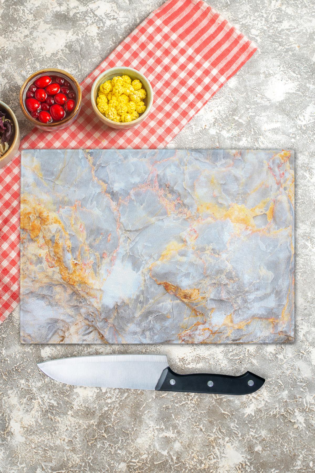 Cam Kesme Tahtası, Kalın Ve Kırılmaz Cam - Mermer Temalı - 21*30cm - Doğrama Tahtası, Mutfak Dekoru