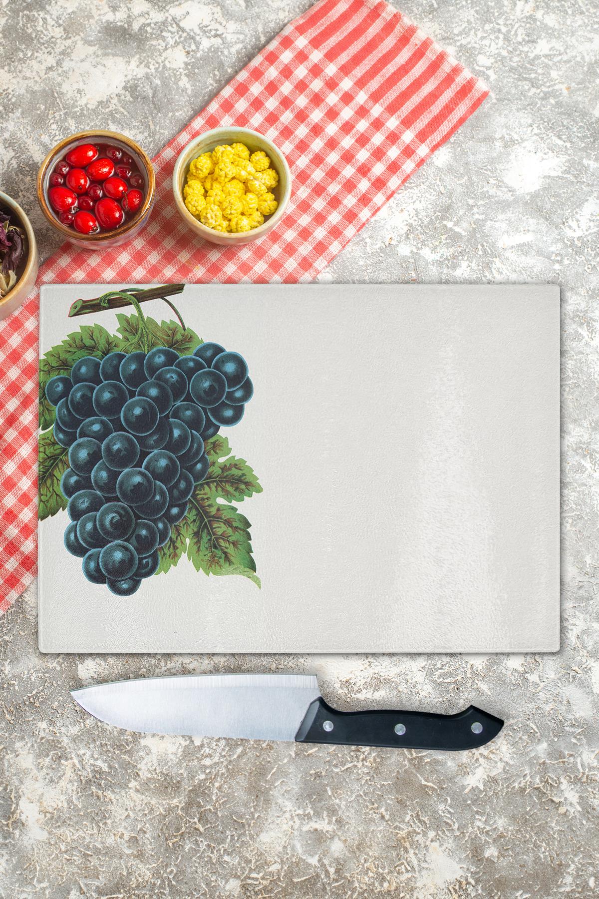 Cam Kesme Tahtası, Kalın Ve Kırılmaz Cam - Mermer Üzüm - 21*30cm - Doğrama Tahtası, Mutfak Dekoru