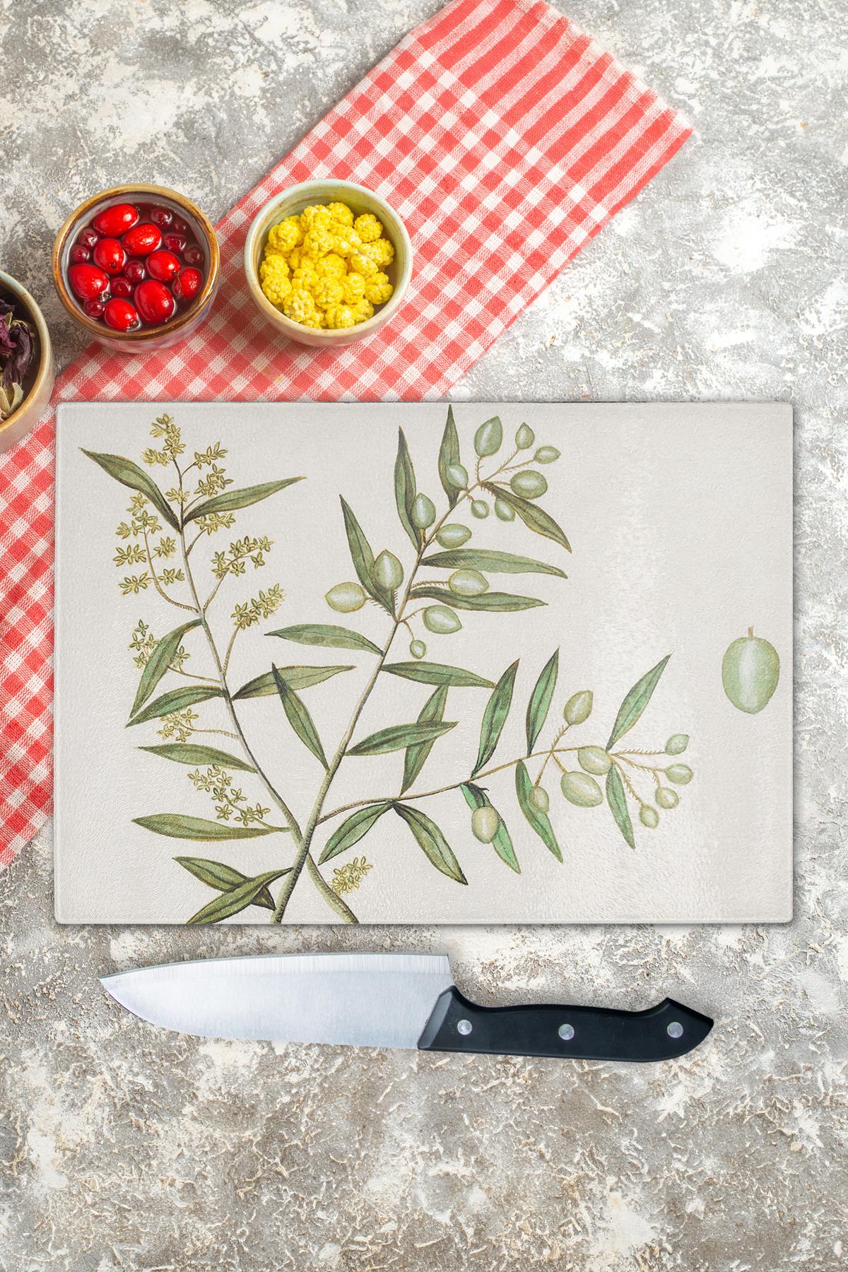 Cam Kesme Tahtası, Kalın Ve Kırılmaz Cam - Vintage Zeytin- 21*30cm - Doğrama Tahtası, Mutfak Dekoru