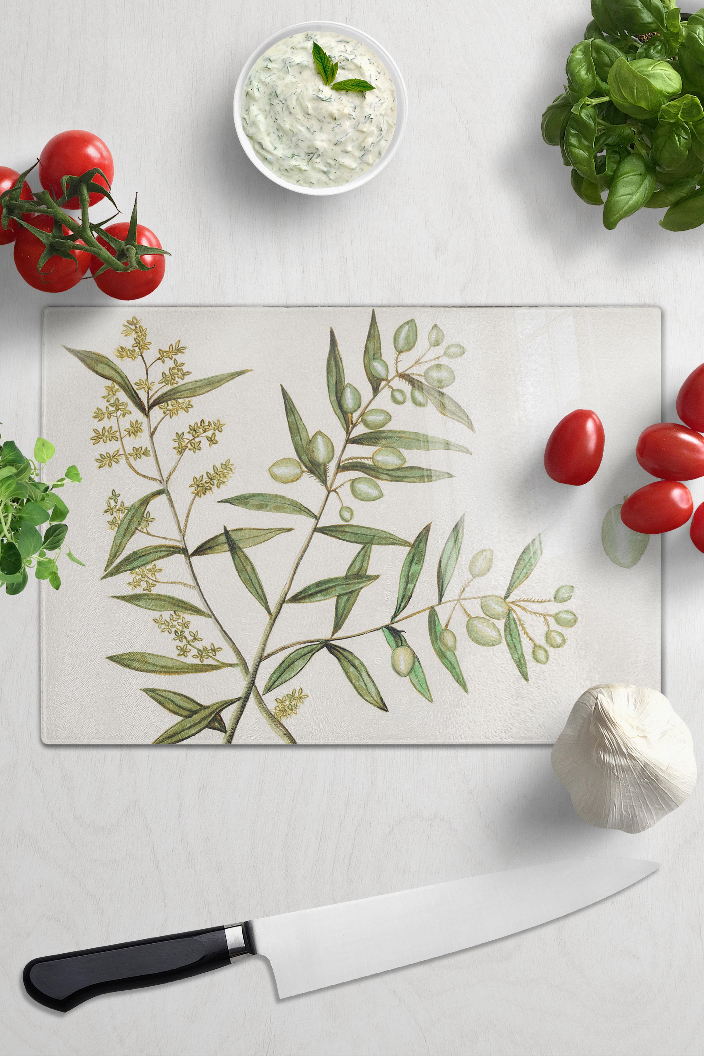 Cam Kesme Tahtası, Kalın Ve Kırılmaz Cam - Vintage Zeytin- 21*30cm - Doğrama Tahtası, Mutfak Dekoru