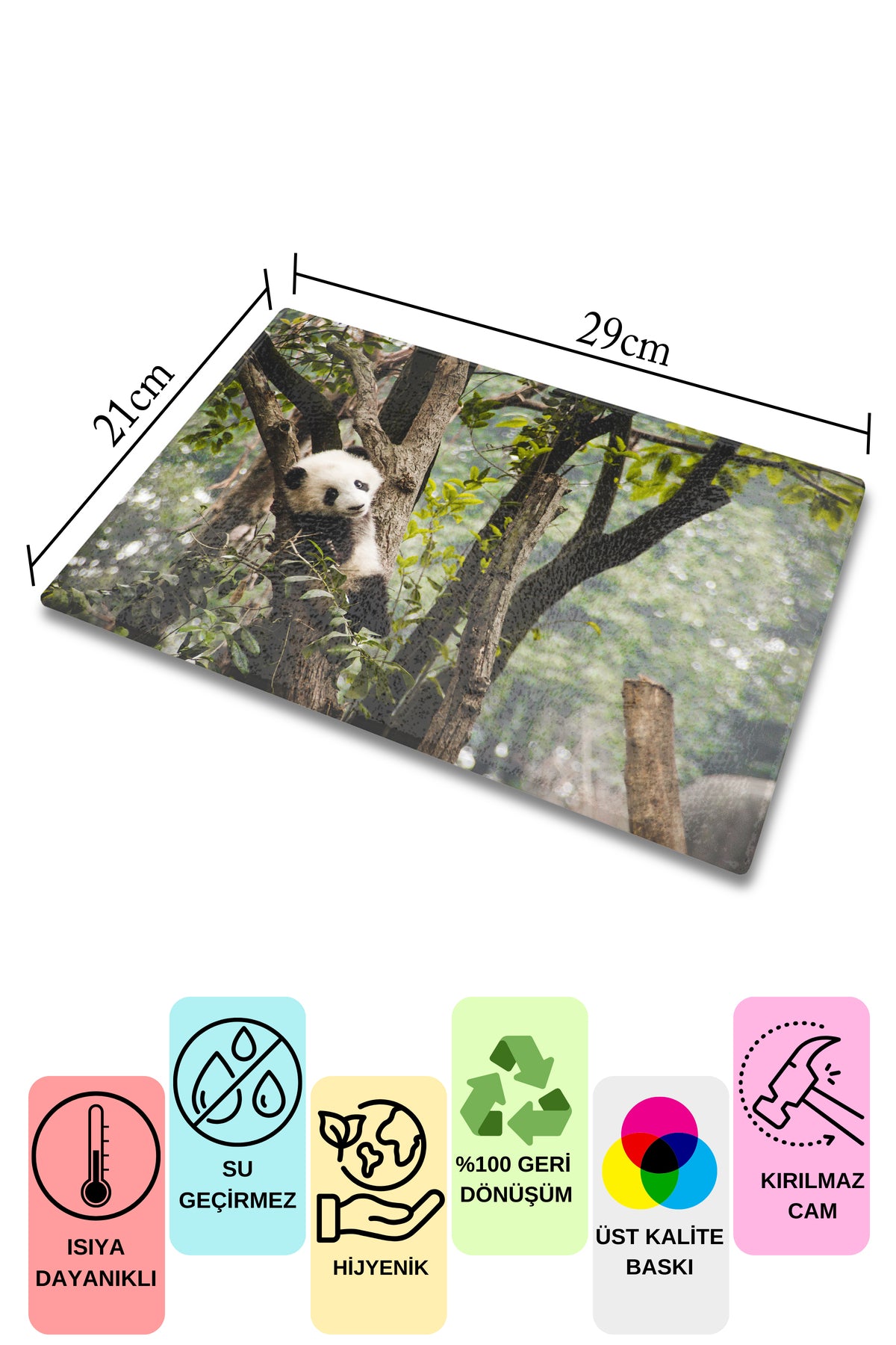 Cam Kesme Tahtası - Panda Temalı - 21*30cm - Doğrama Tahtası - Estetik, Dekoratif Sunum Tahtası