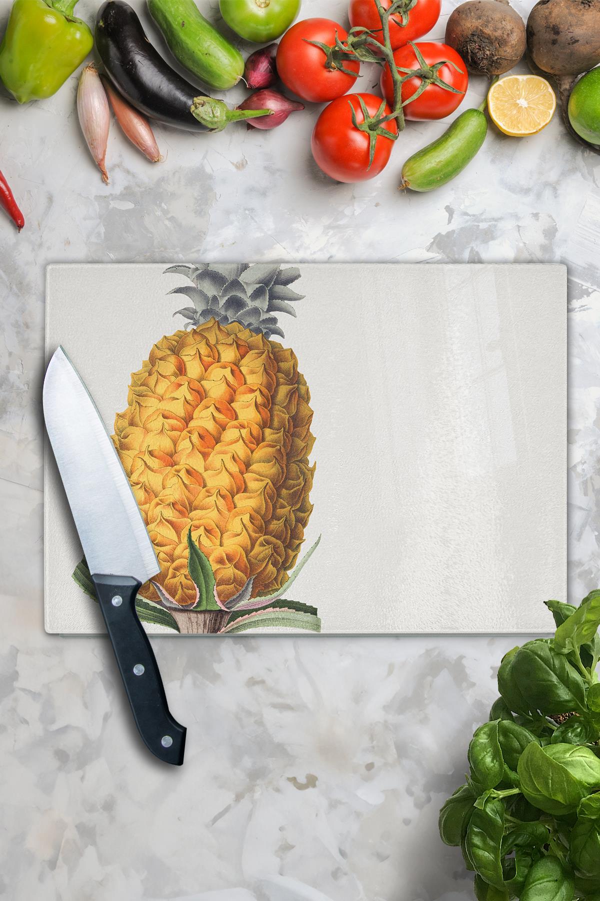 Cam Kesme Tahtası - Vintage Ananas - 21*30cm - Doğrama Tahtası - Estetik, Dekoratif Sunum Tahtası
