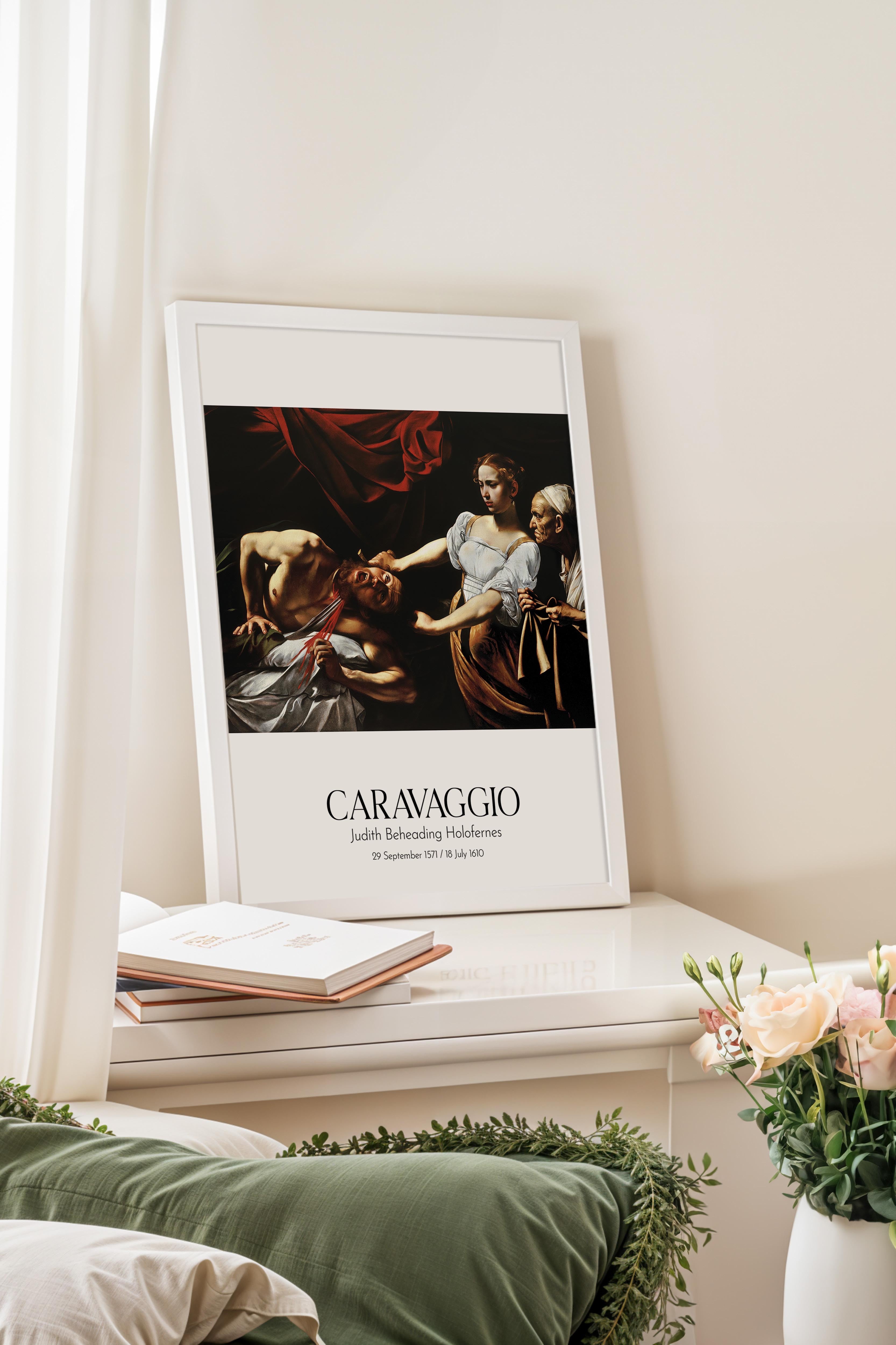Caravaggio - Judith Beheading Holofernes, Beyaz Çerçeveli Tablo, Sanat Serisi NO:111635