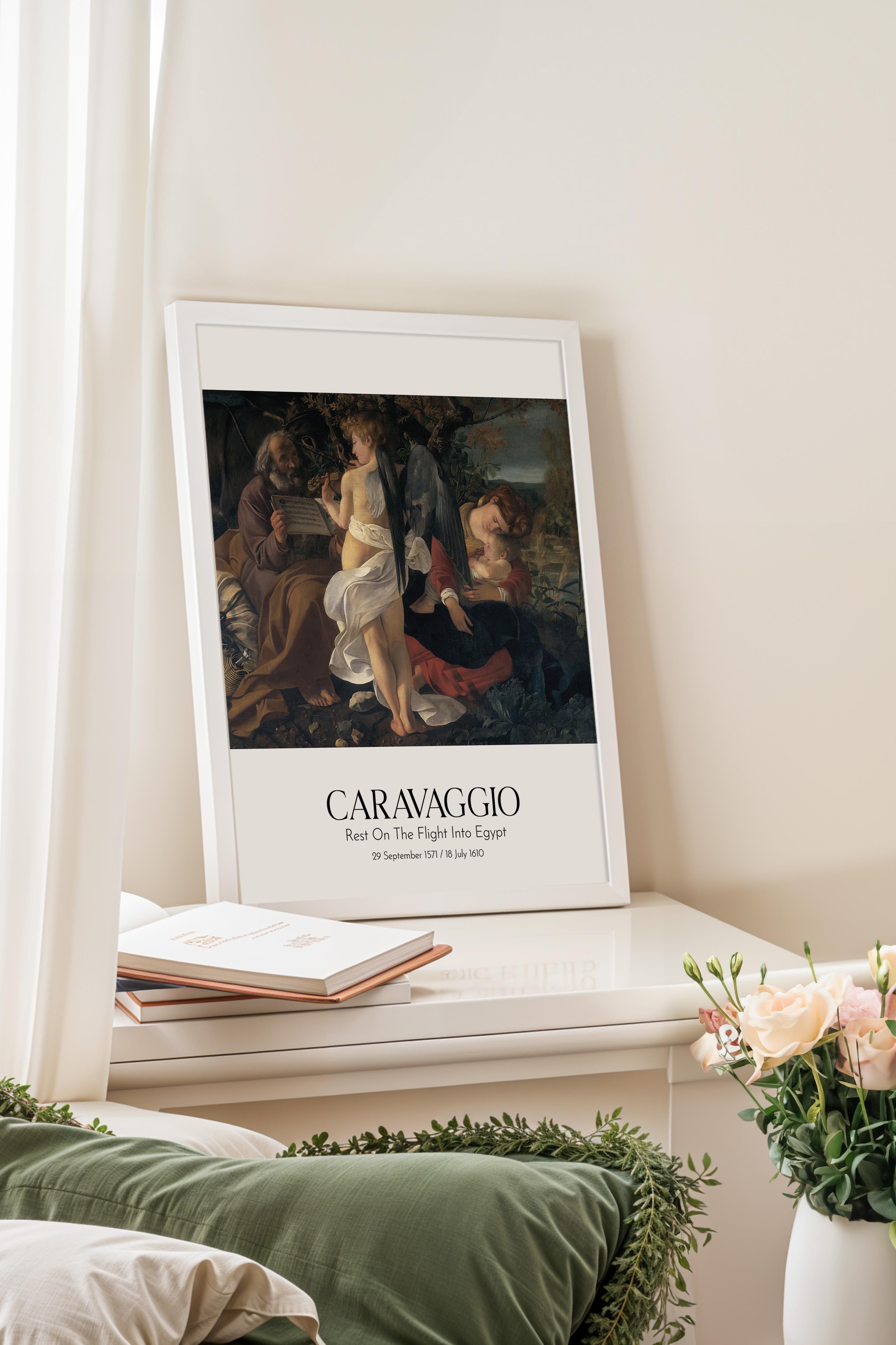 Caravaggio - Rest On The Flight Into Egypt, Beyaz Çerçeveli Tablo, Sanat Serisi NO:111646