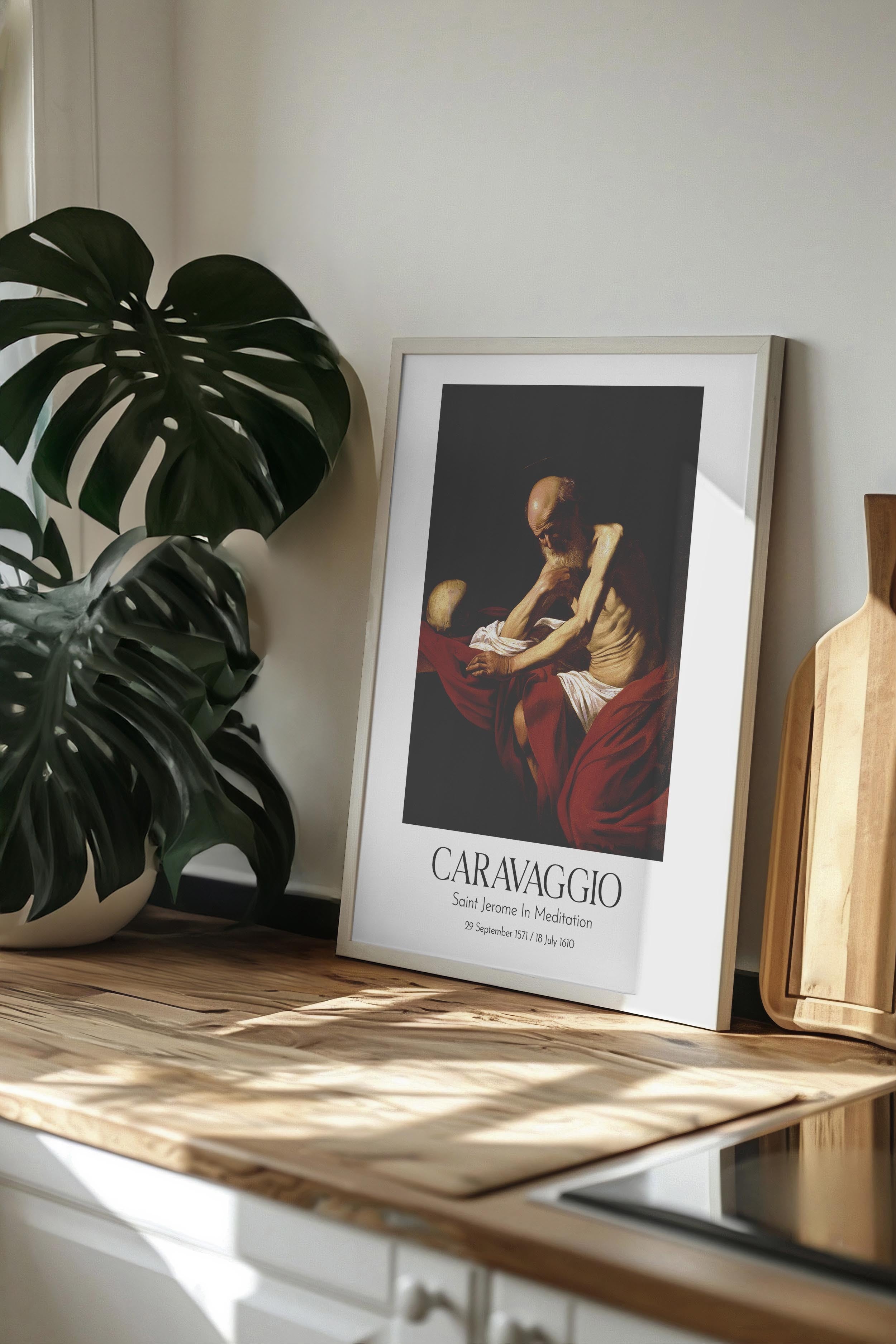 Caravaggio - Saint Jerome In Meditation, Beyaz Çerçeveli Tablo, Sanat Serisi NO:111647