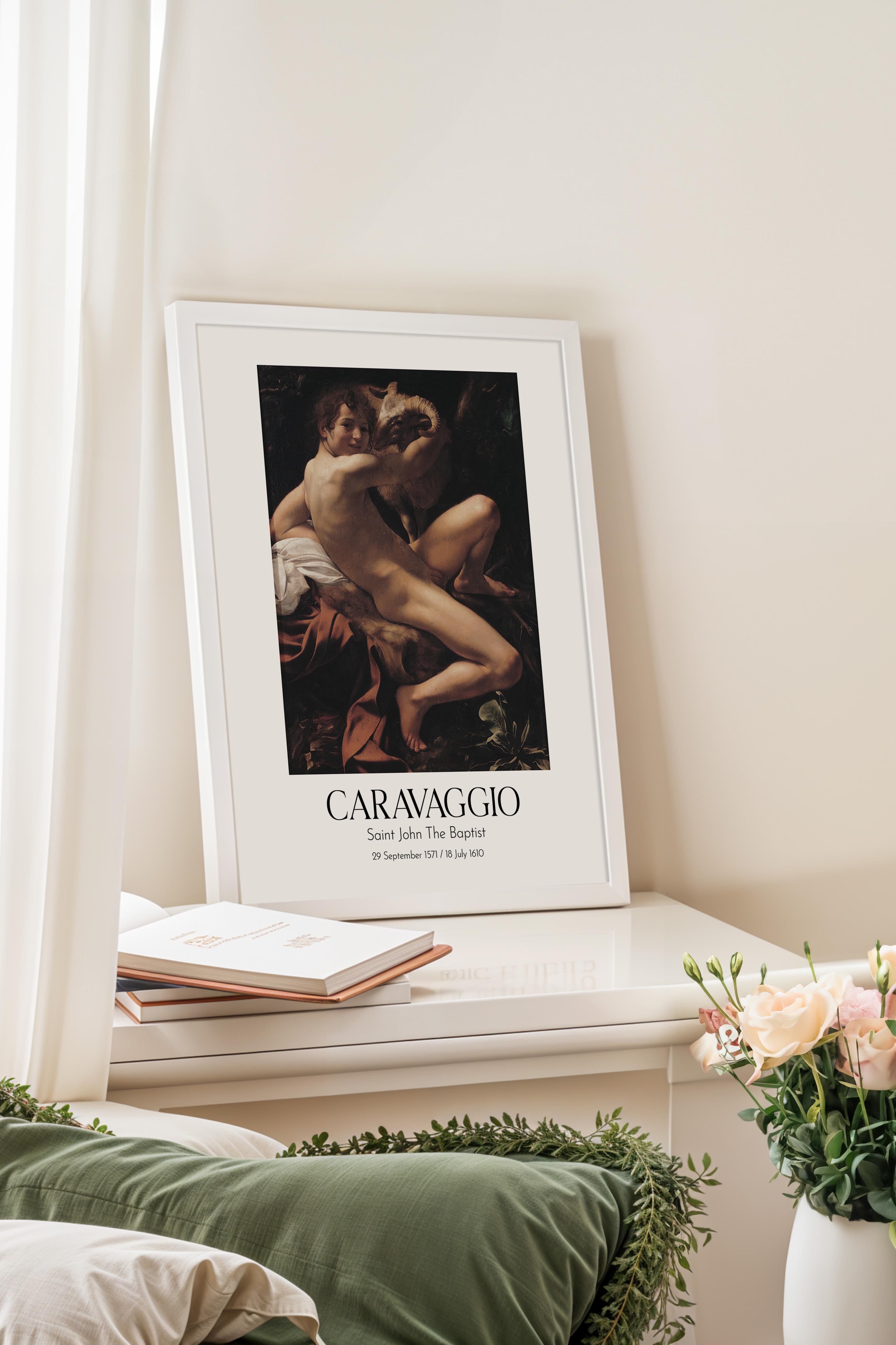Caravaggio - Saint John The Baptist, Beyaz Çerçeveli Tablo, Sanat Serisi NO:111648