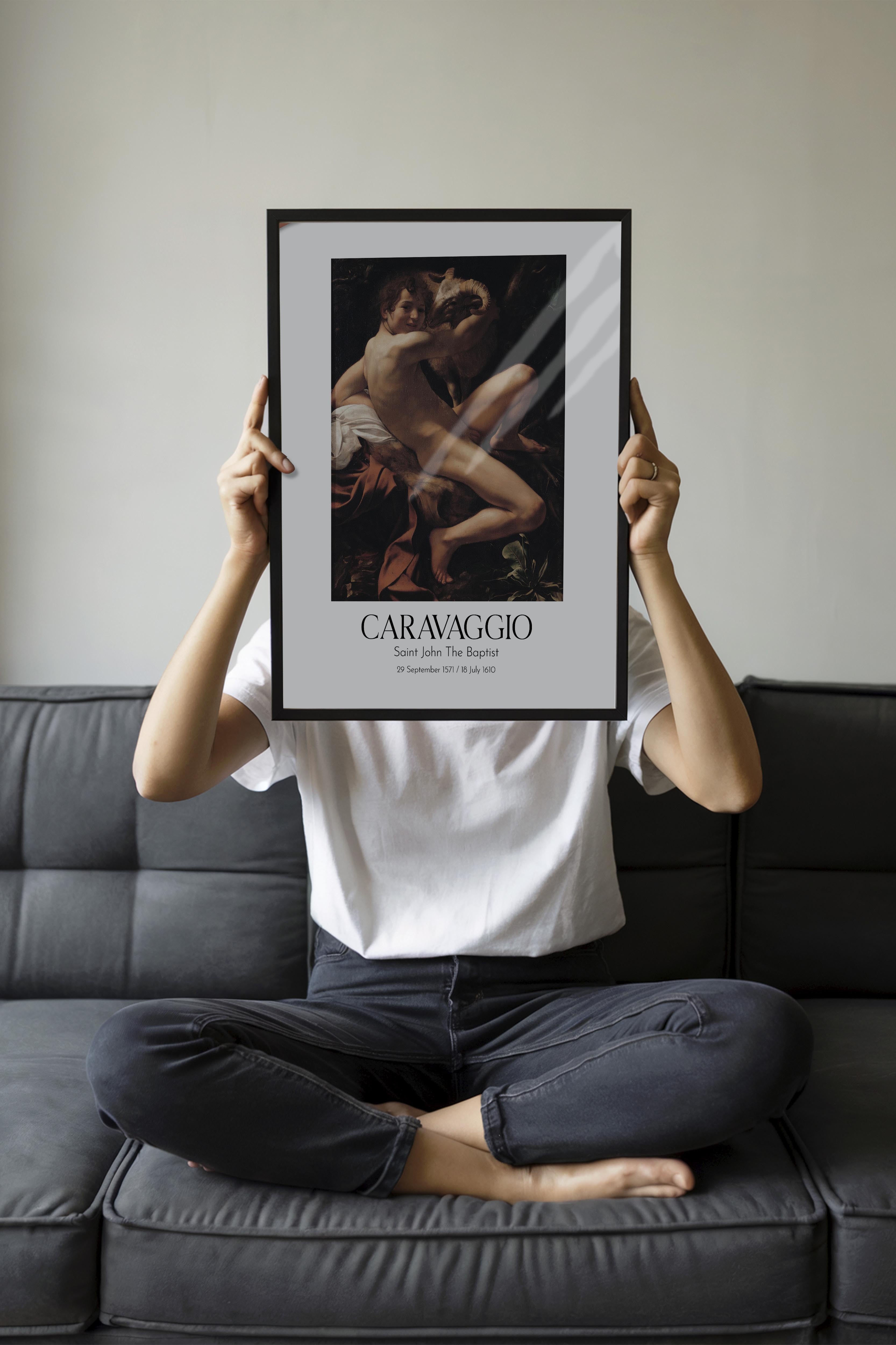 Caravaggio - Saint John The Baptist, Siyah Çerçeveli Tablo, Sanat Serisi NO:111648