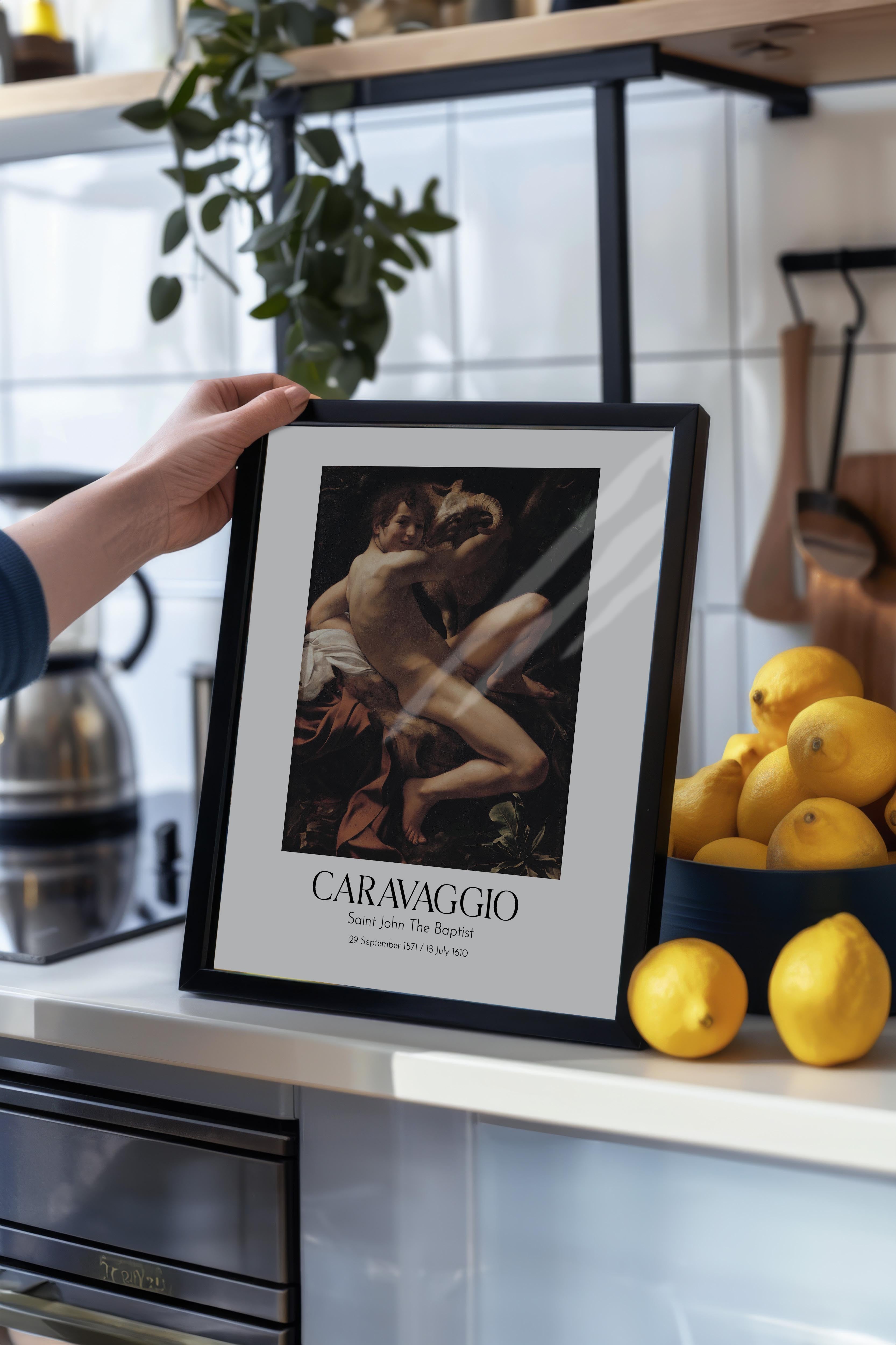 Caravaggio - Saint John The Baptist, Siyah Çerçeveli Tablo, Sanat Serisi NO:111648