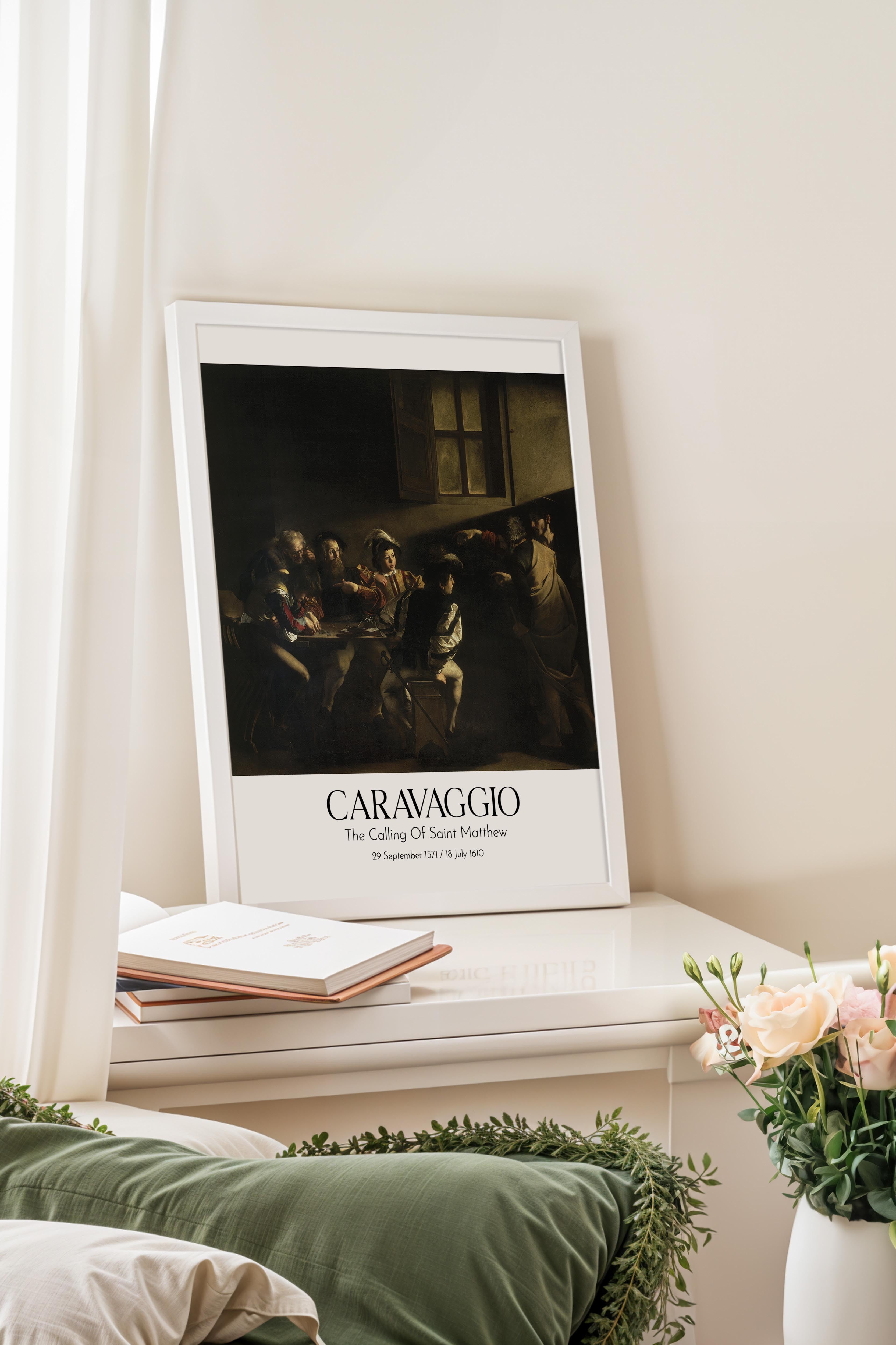 Caravaggio - The Calling Of Saint Matthew, Beyaz Çerçeveli Tablo, Sanat Serisi NO:111652