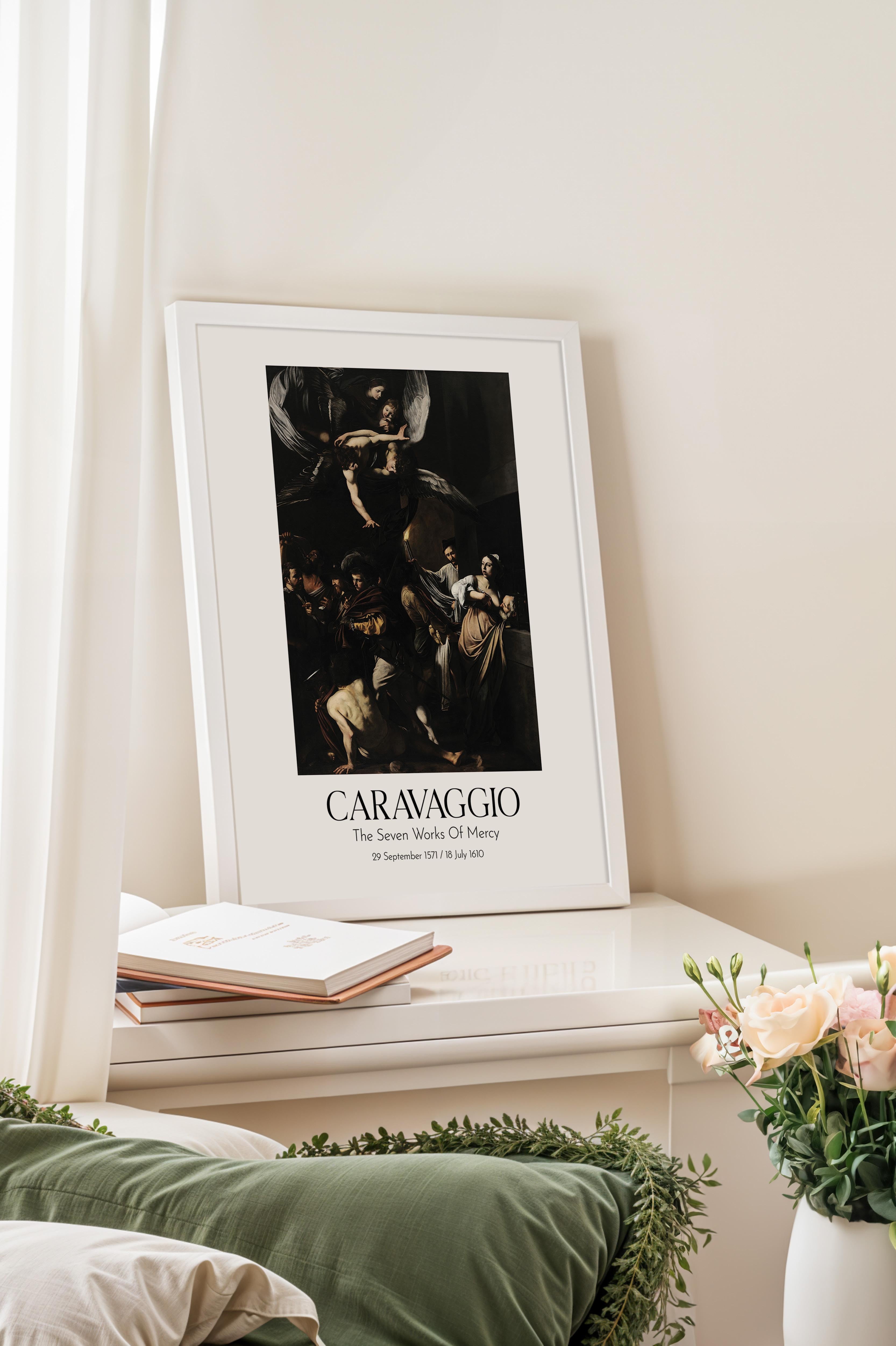 Caravaggio - The Seven Works Of Mercy, Beyaz Çerçeveli Tablo, Sanat Serisi NO:111654