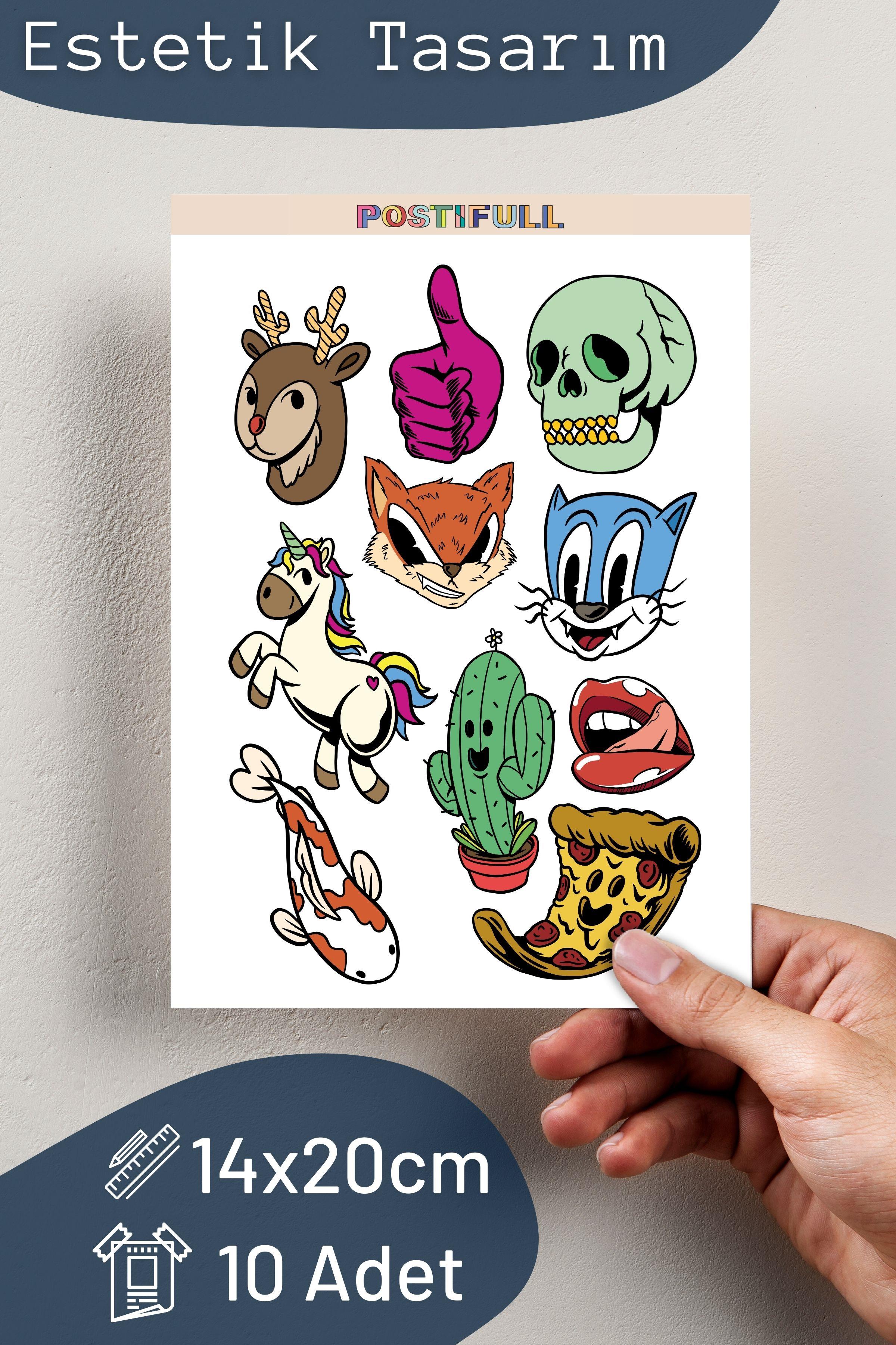 Cartoon Temalı Sticker ve Etiket Seti - Orta Boy - Su Geçirmez, Kalın Yapışkanlı Sticker Seti