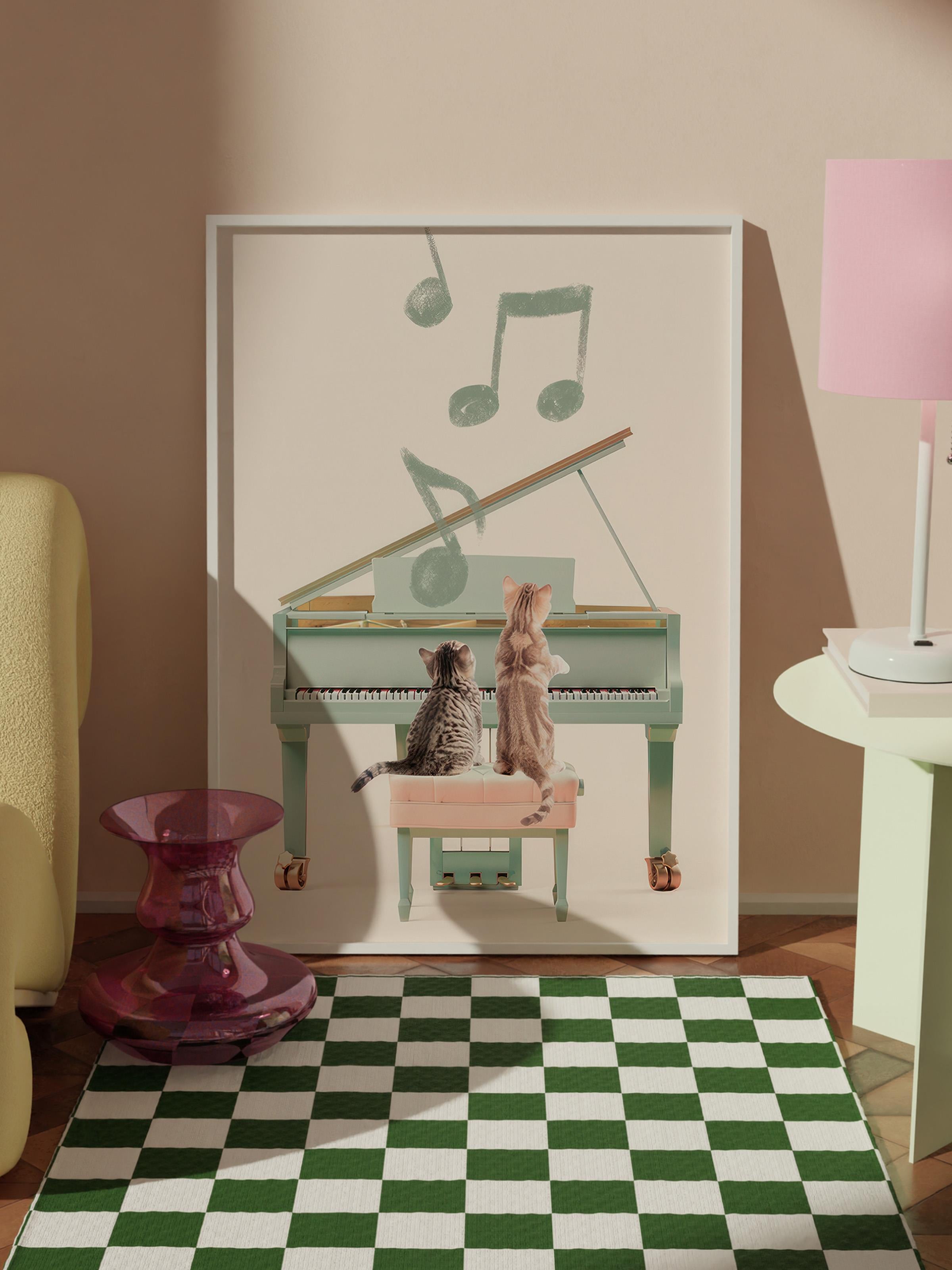 Cats Playing Piano Çerçeveli Tablo, Beyaz Çerçeve ve Poster, Duvar Tablosu Comfort Serisi NO:108440