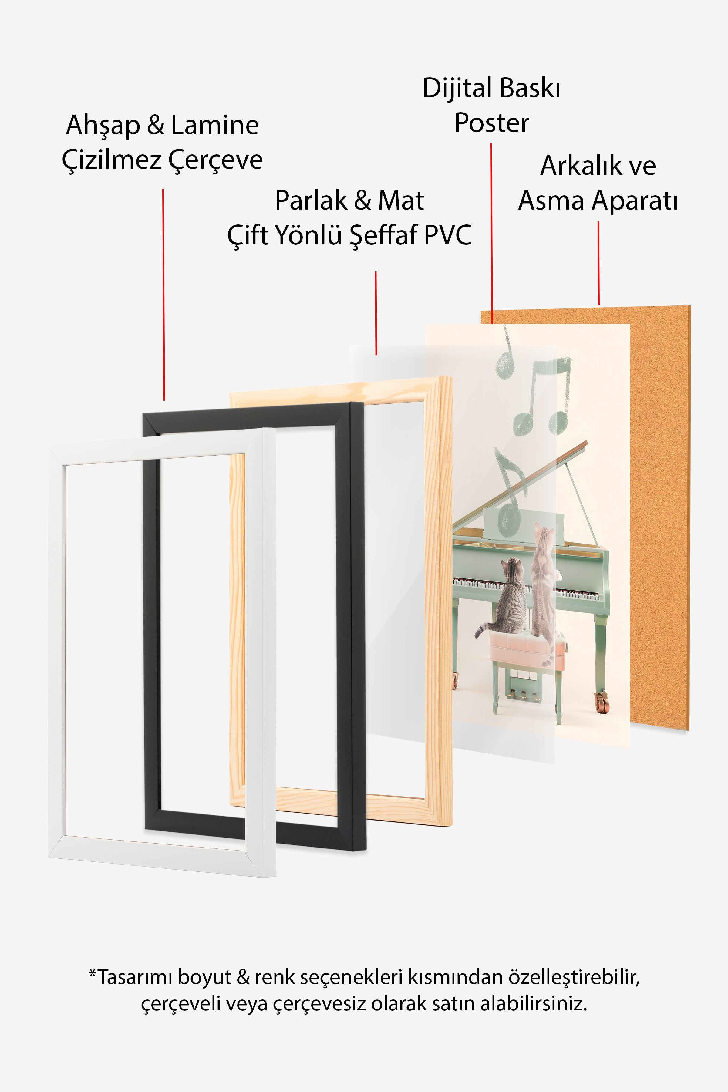 Cats Playing Piano Çerçeveli Tablo, Beyaz Çerçeve ve Poster, Duvar Tablosu Comfort Serisi NO:108440