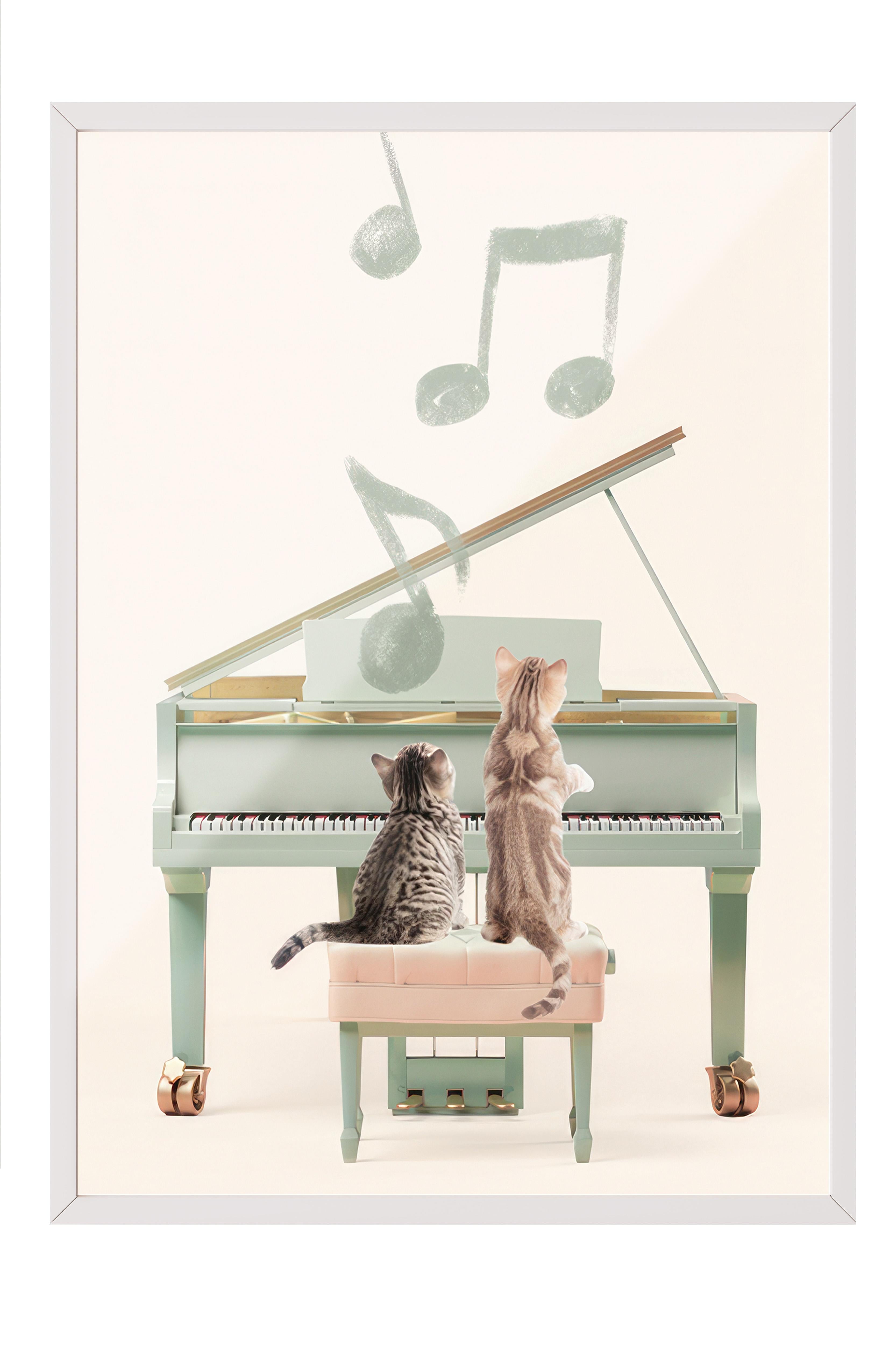 Cats Playing Piano Çerçeveli Tablo, Beyaz Çerçeve ve Poster, Duvar Tablosu Comfort Serisi NO:108440