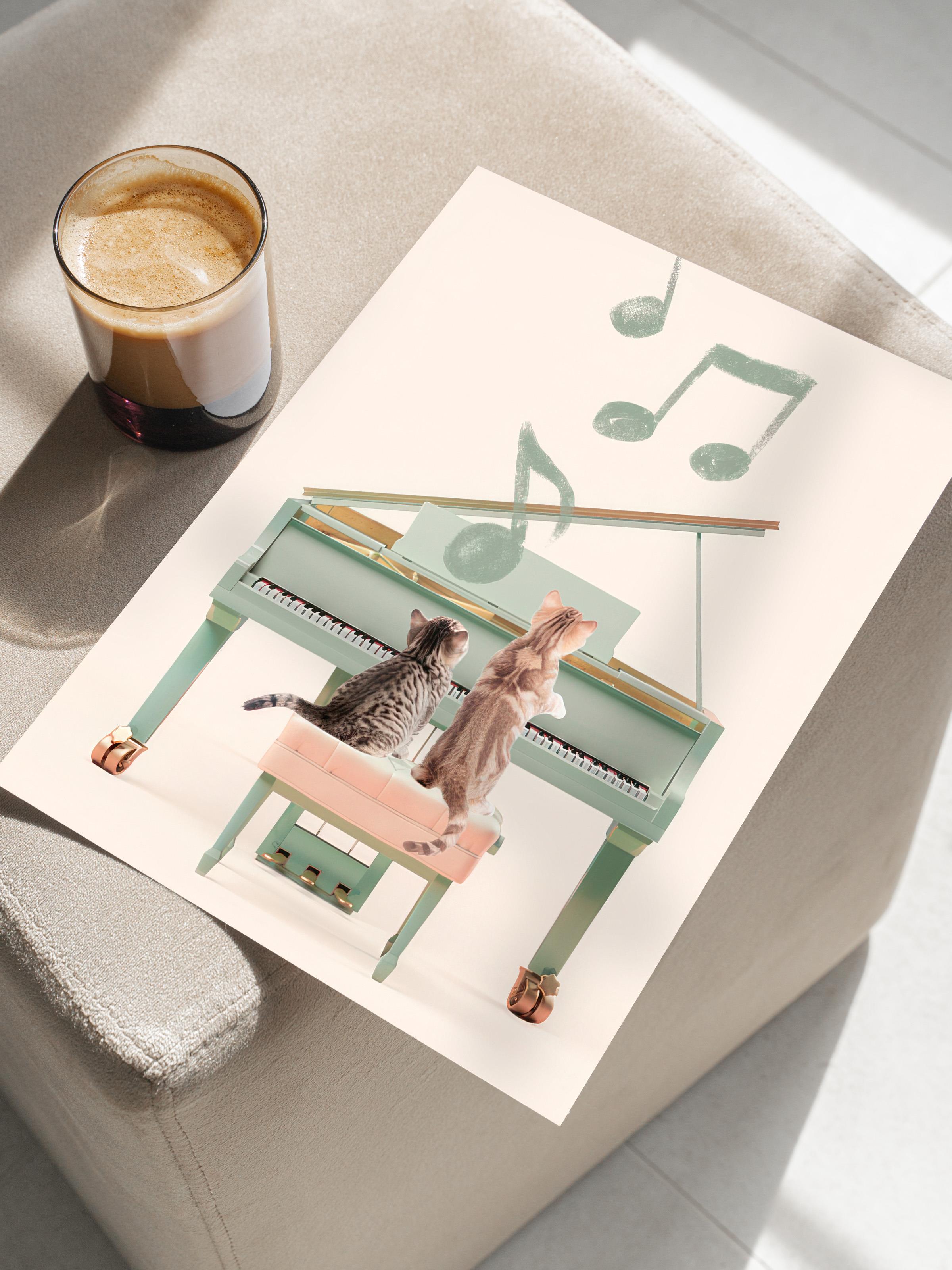 Cats Playing Piano Poster, Çerçevesiz Duvar Posteri, Dikey Duvar Tablosu Comfort Serisi NO:108440