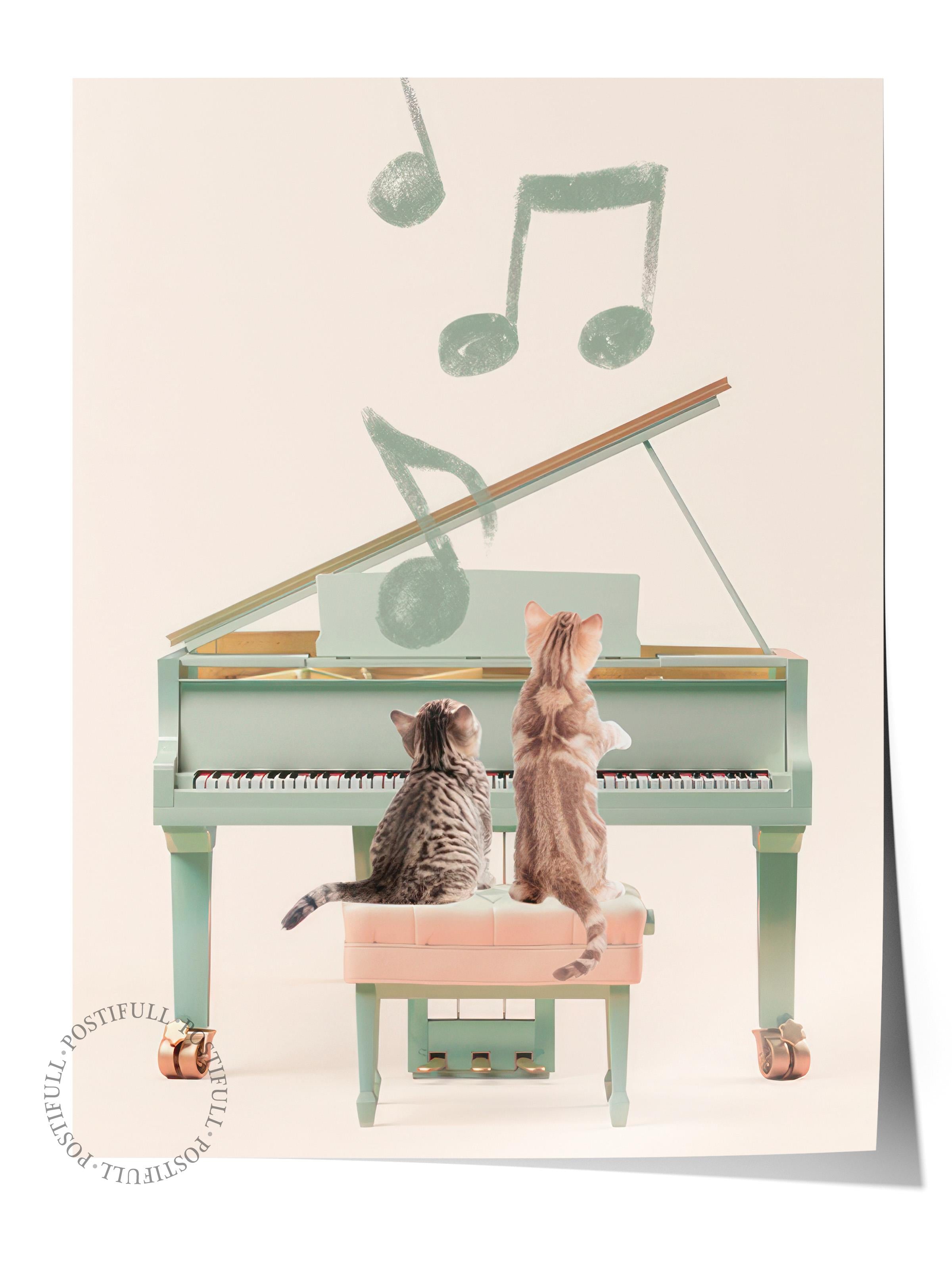 Cats Playing Piano Poster, Çerçevesiz Duvar Posteri, Dikey Duvar Tablosu Comfort Serisi NO:108440
