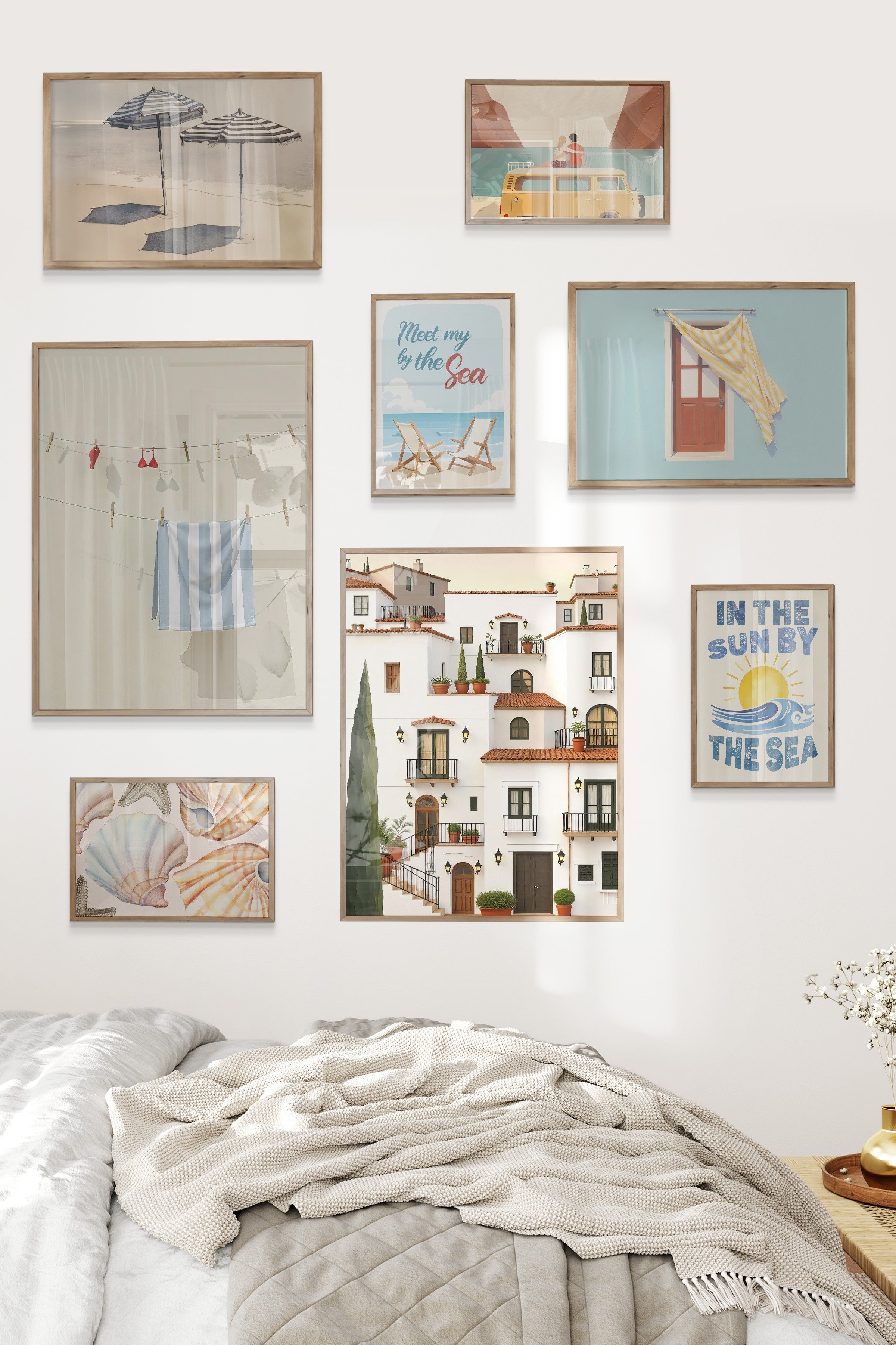 Çerçeveli Poster Seti, 8 Adet Ahşap Çerçeve ve Poster Kahverengi Yaz Temalı Galeri Seti NO:068