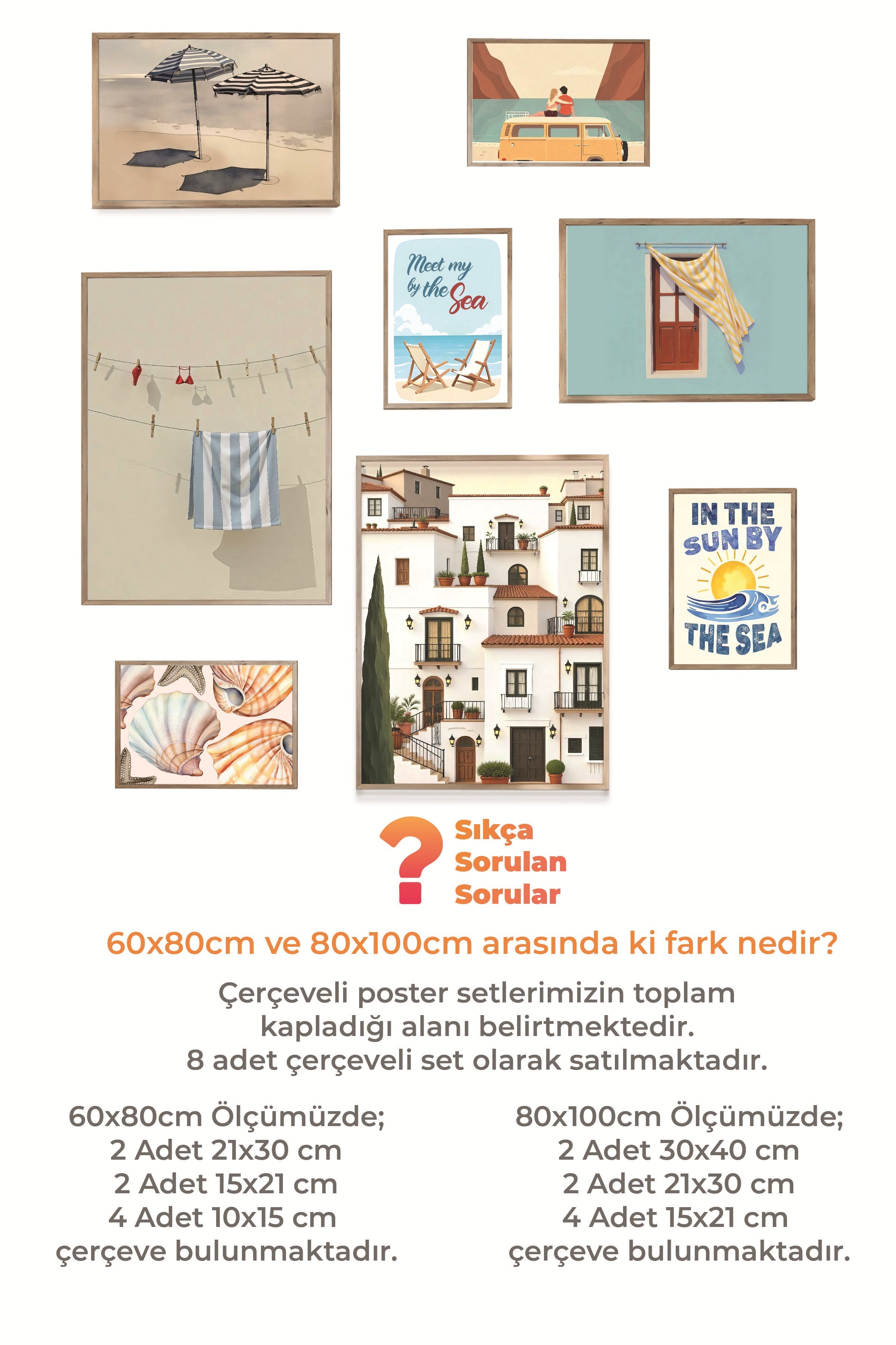 Çerçeveli Poster Seti, 8 Adet Ahşap Çerçeve ve Poster Kahverengi Yaz Temalı Galeri Seti NO:068