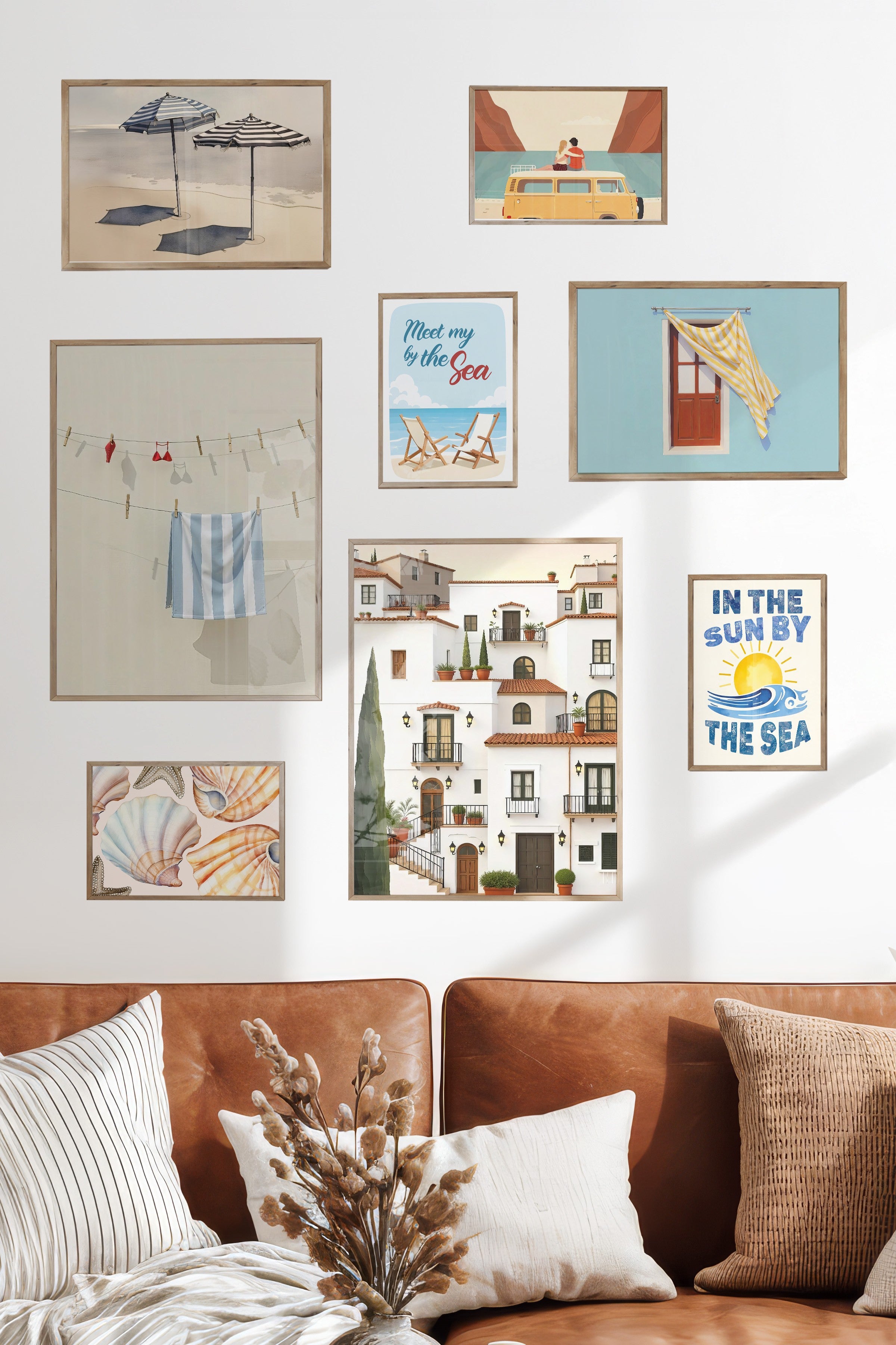 Çerçeveli Poster Seti, 8 Adet Ahşap Çerçeve ve Poster Kahverengi Yaz Temalı Galeri Seti NO:068