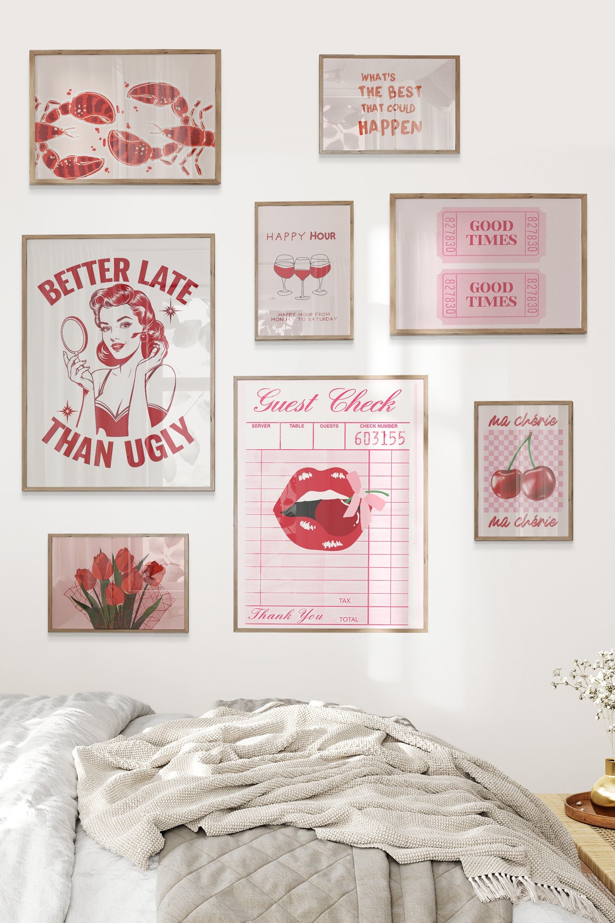 Çerçeveli Poster Seti, 8 Adet Ahşap Çerçeve ve Poster Pembe Maximalist Temalı Galeri Seti NO:054