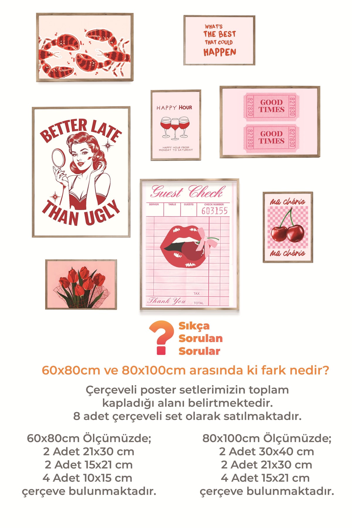 Çerçeveli Poster Seti, 8 Adet Ahşap Çerçeve ve Poster Pembe Maximalist Temalı Galeri Seti NO:054