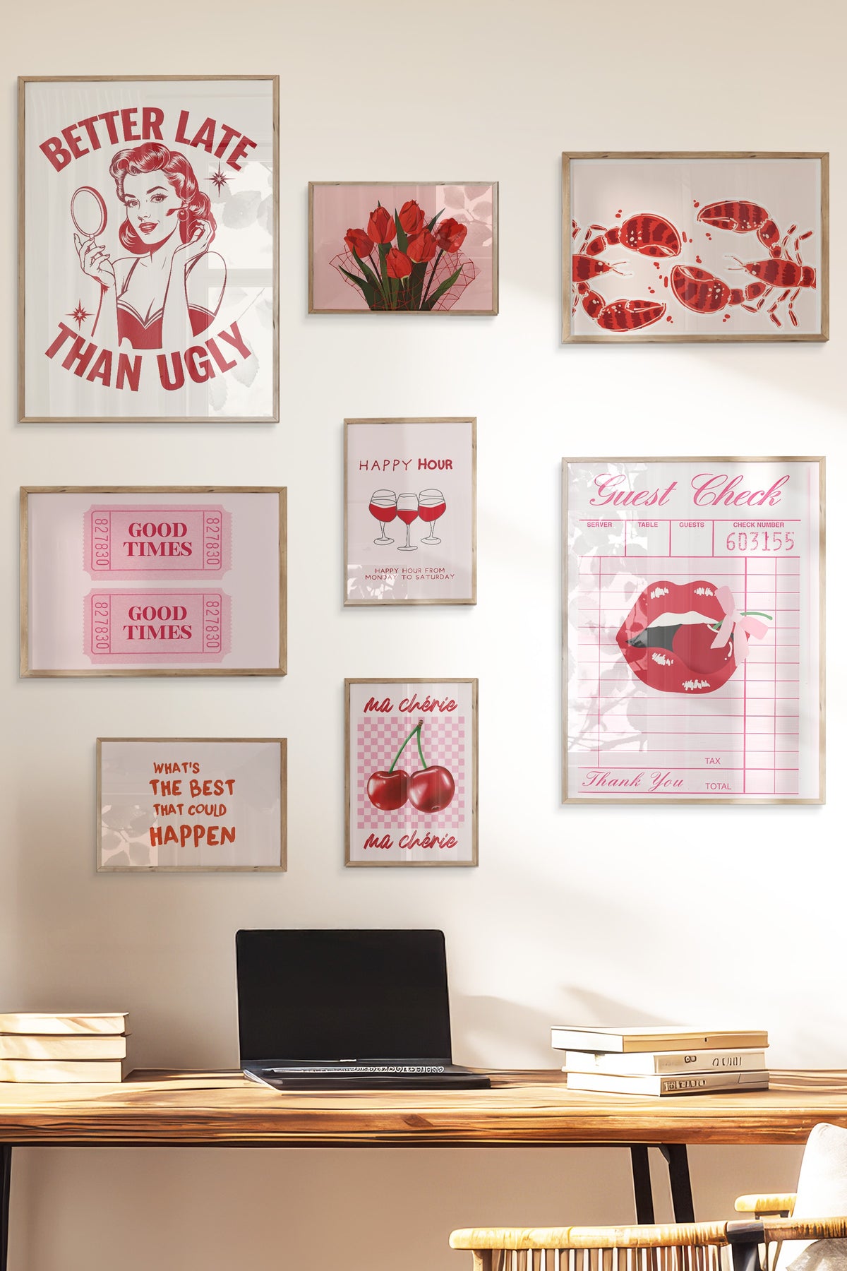 Çerçeveli Poster Seti, 8 Adet Ahşap Çerçeve ve Poster Pembe Maximalist Temalı Galeri Seti NO:054