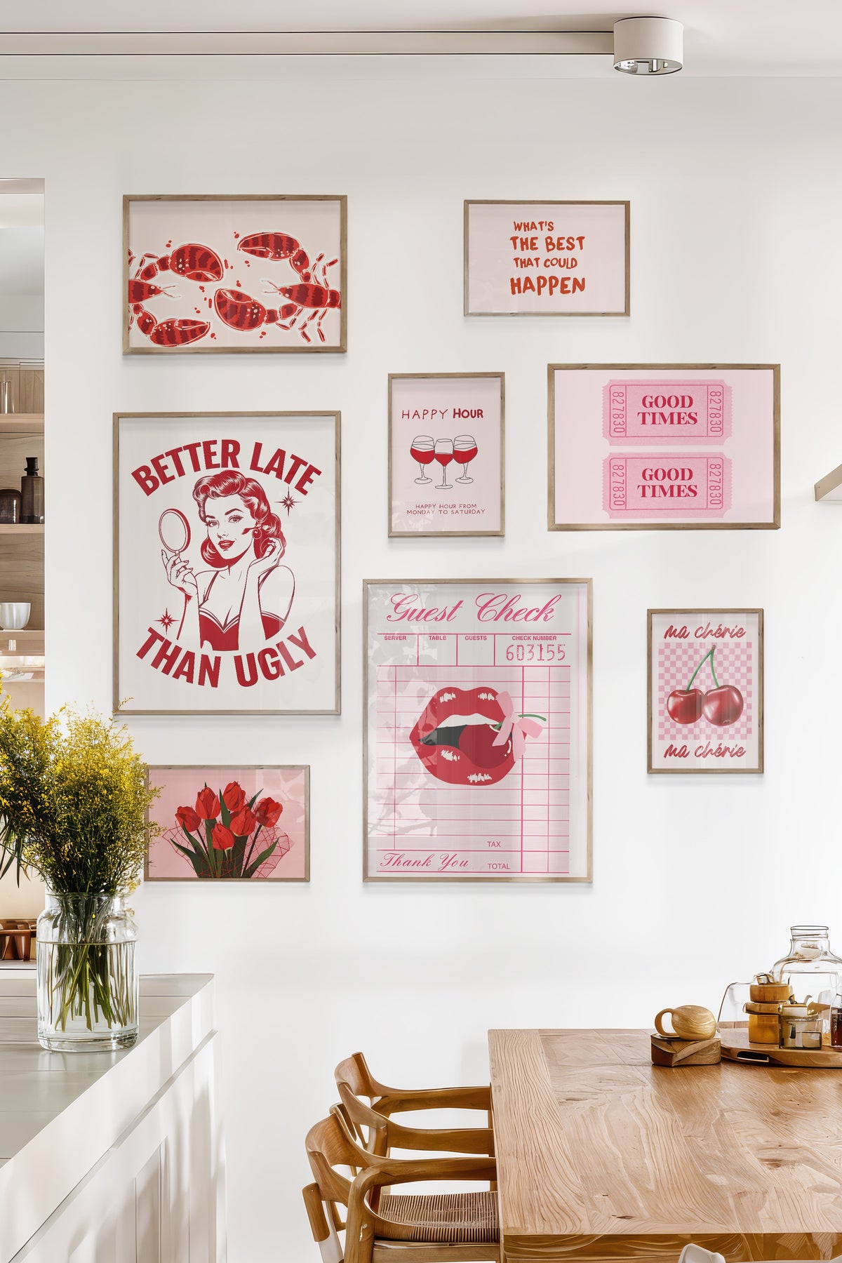 Çerçeveli Poster Seti, 8 Adet Ahşap Çerçeve ve Poster Pembe Maximalist Temalı Galeri Seti NO:054