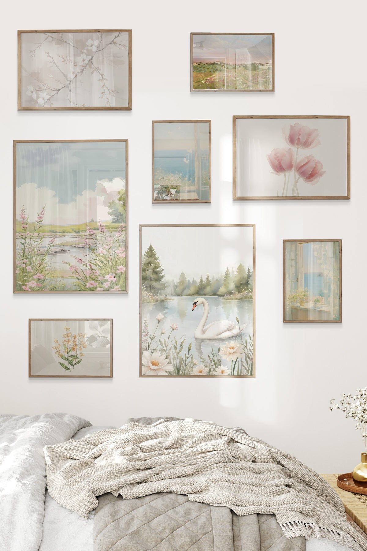 Çerçeveli Poster Seti, 8 Adet Ahşap Çerçeve ve Poster Pembe Vintage Temalı Galeri Seti NO:053