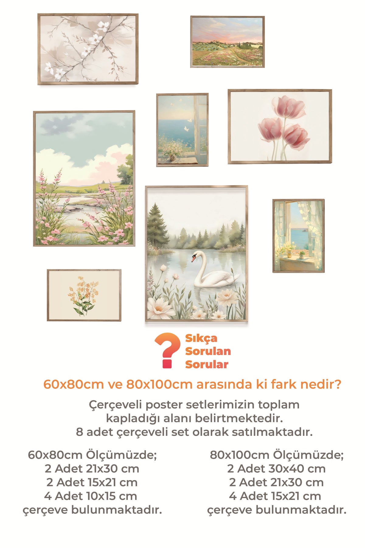Çerçeveli Poster Seti, 8 Adet Ahşap Çerçeve ve Poster Pembe Vintage Temalı Galeri Seti NO:053