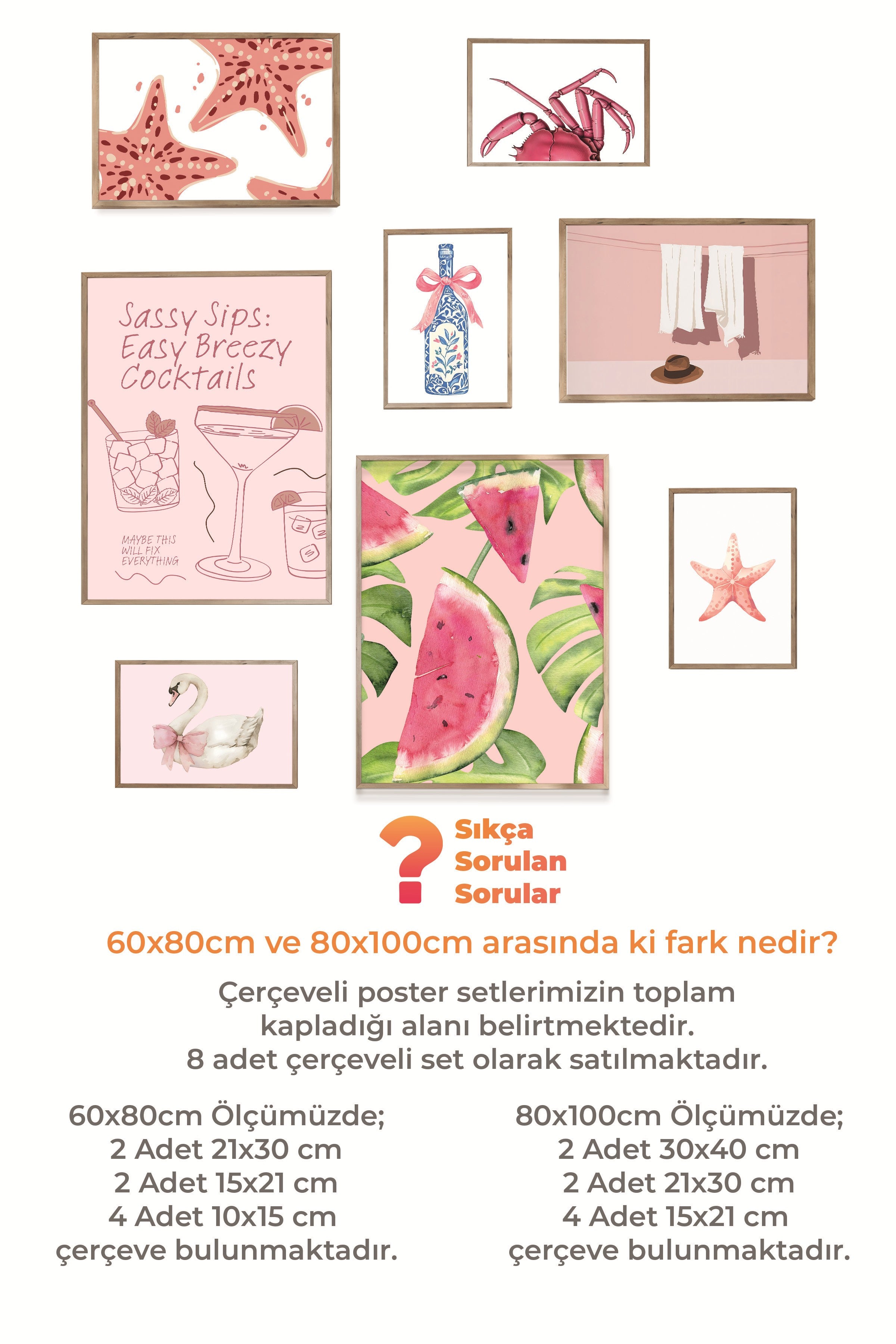 Çerçeveli Poster Seti, 8 Adet Ahşap Çerçeve ve Poster Pembe Yaz Temalı Galeri Seti NO:056