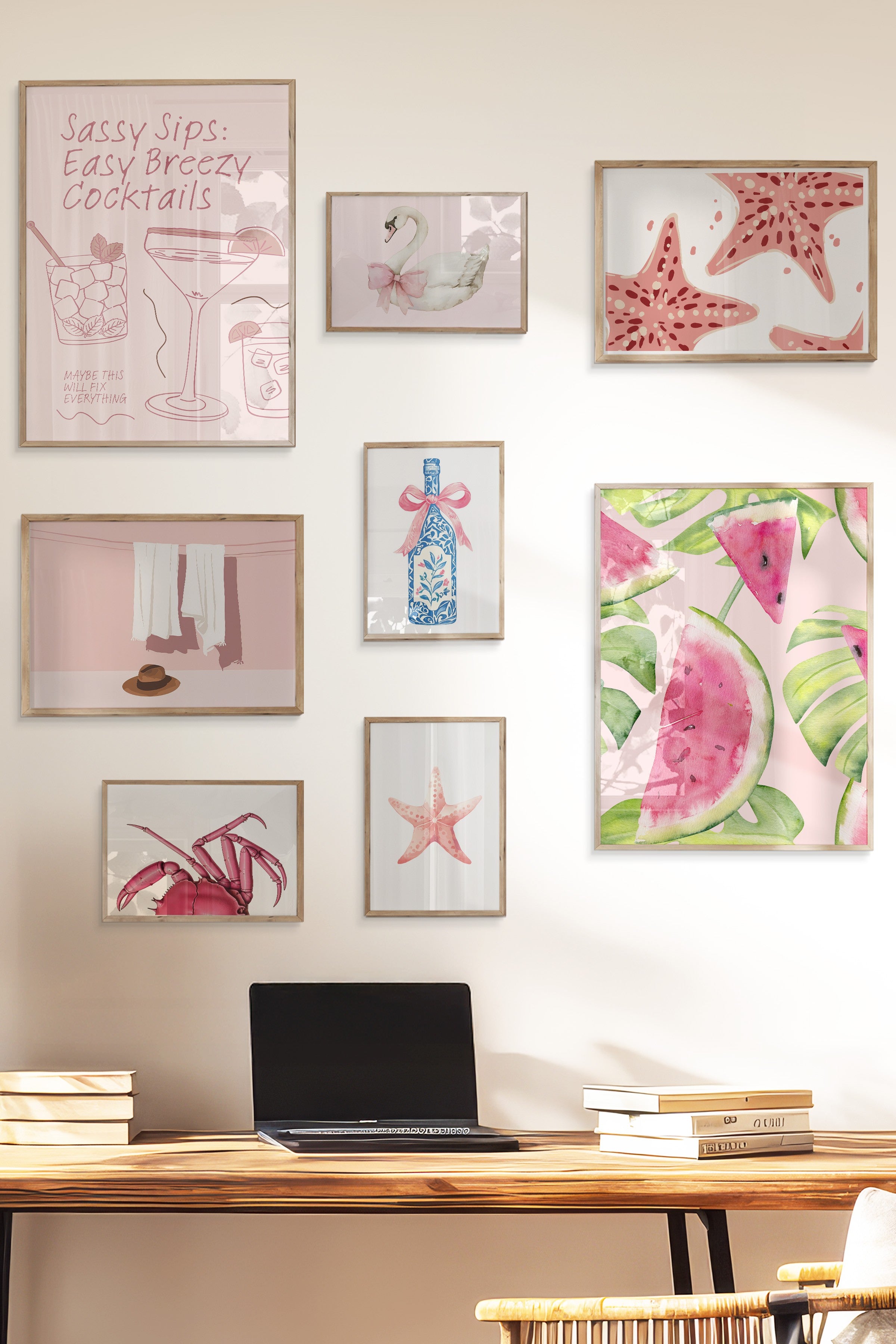 Çerçeveli Poster Seti, 8 Adet Ahşap Çerçeve ve Poster Pembe Yaz Temalı Galeri Seti NO:056