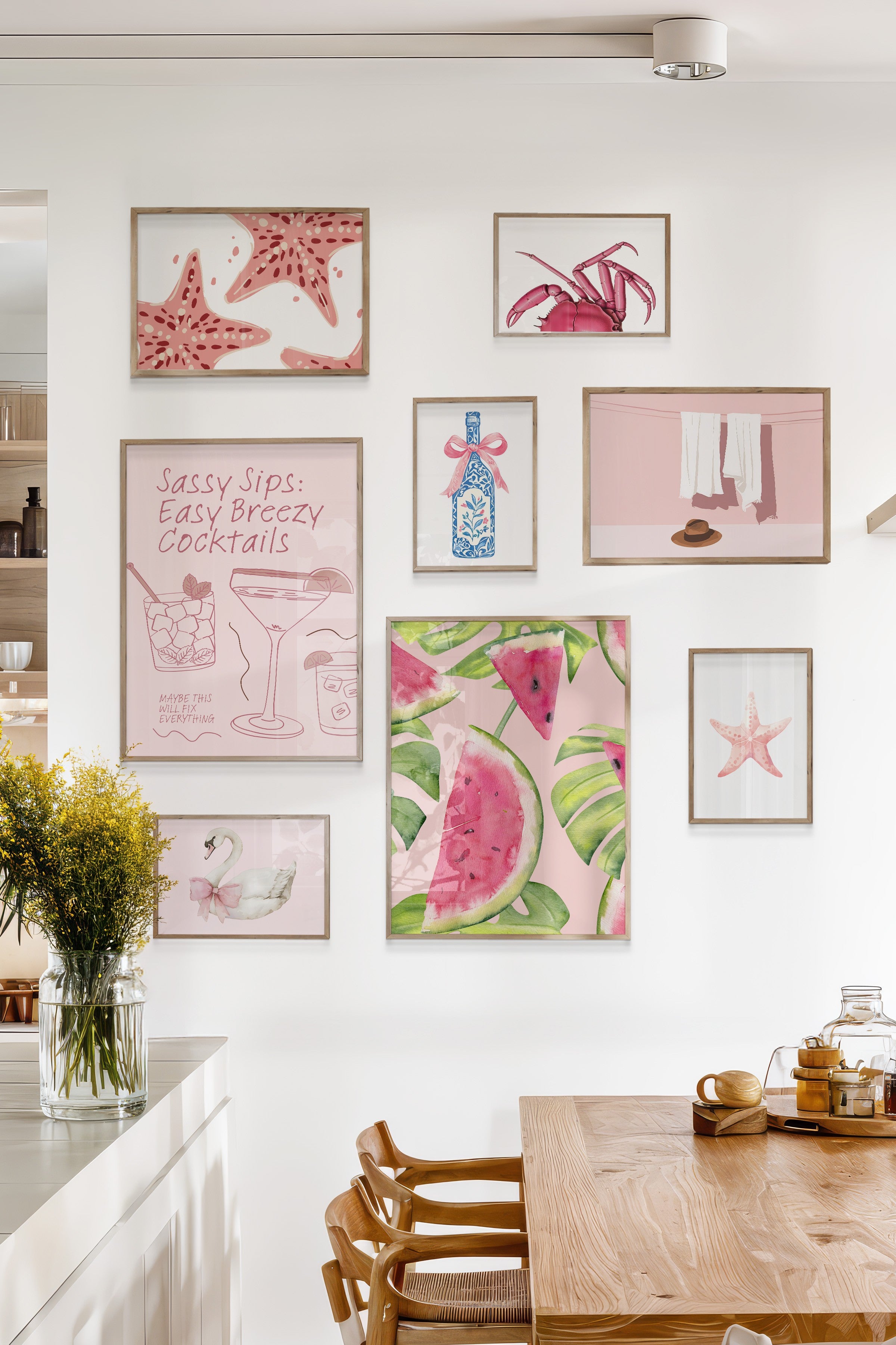 Çerçeveli Poster Seti, 8 Adet Ahşap Çerçeve ve Poster Pembe Yaz Temalı Galeri Seti NO:056
