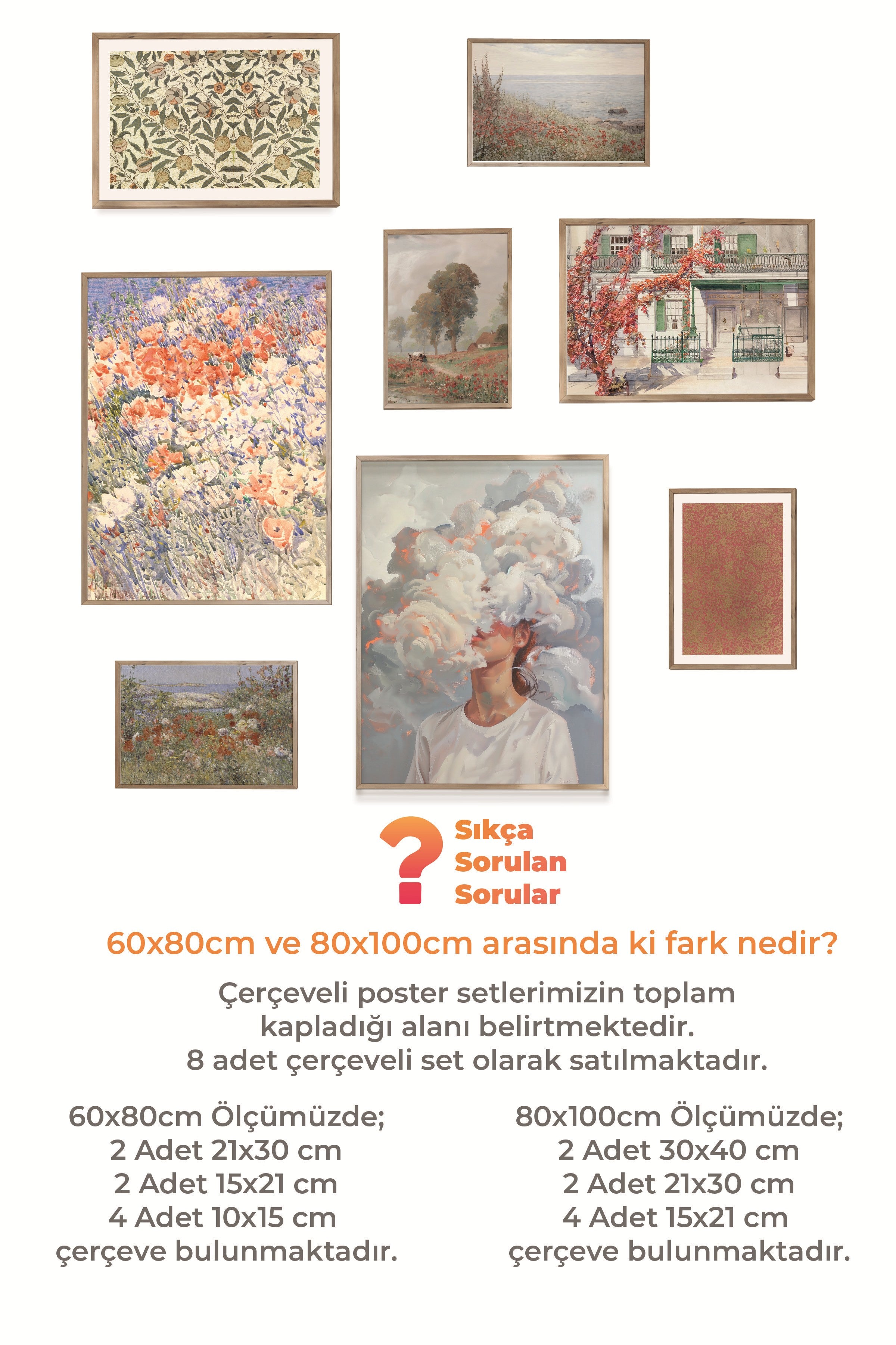 Çerçeveli Poster Seti, 8 Adet Ahşap Çerçeve ve Poster Retro Temalı Galeri Seti NO:071