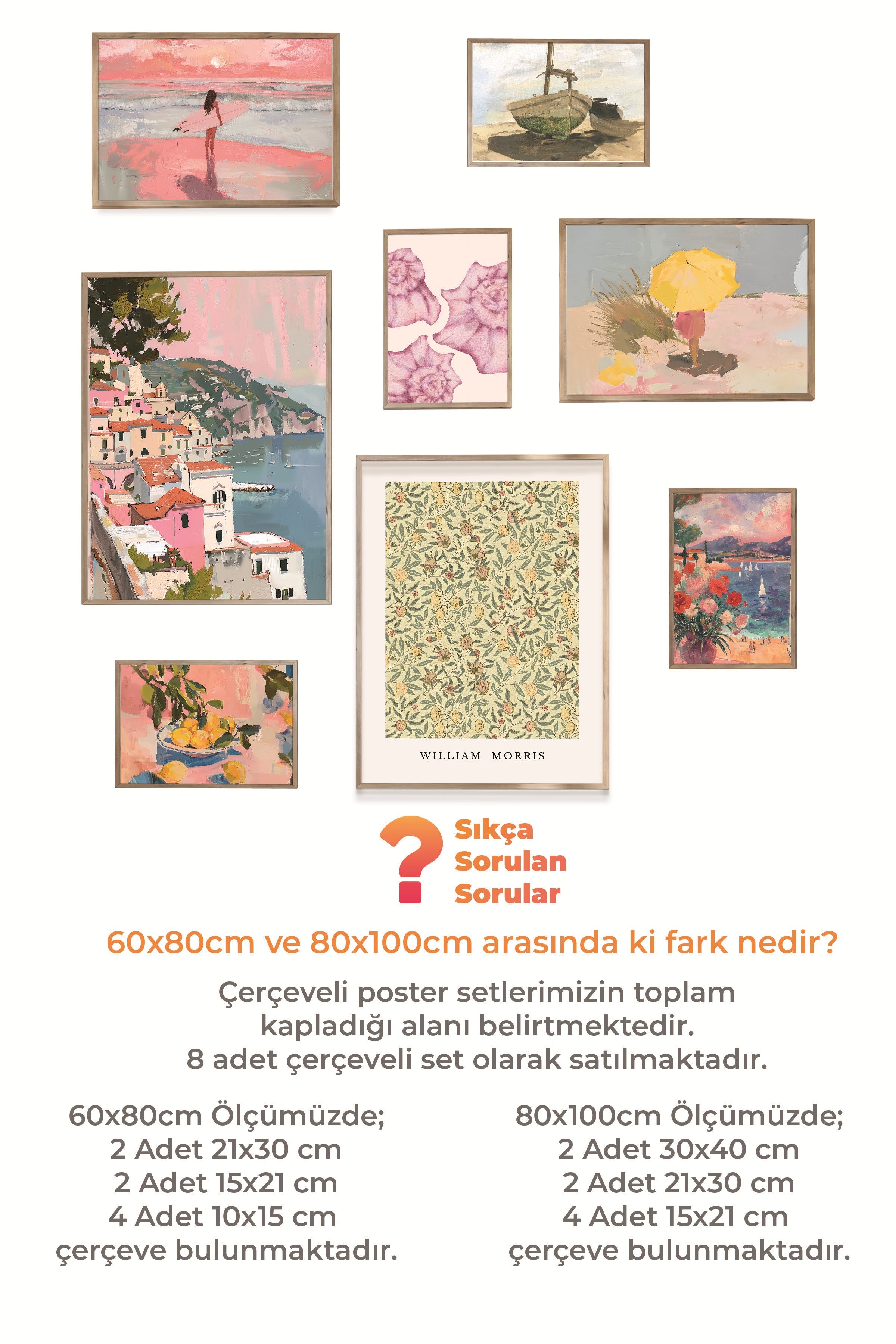 Çerçeveli Poster Seti, 8 Adet Ahşap Çerçeve ve Poster Vintage Yaz Temalı Galeri Seti NO:060