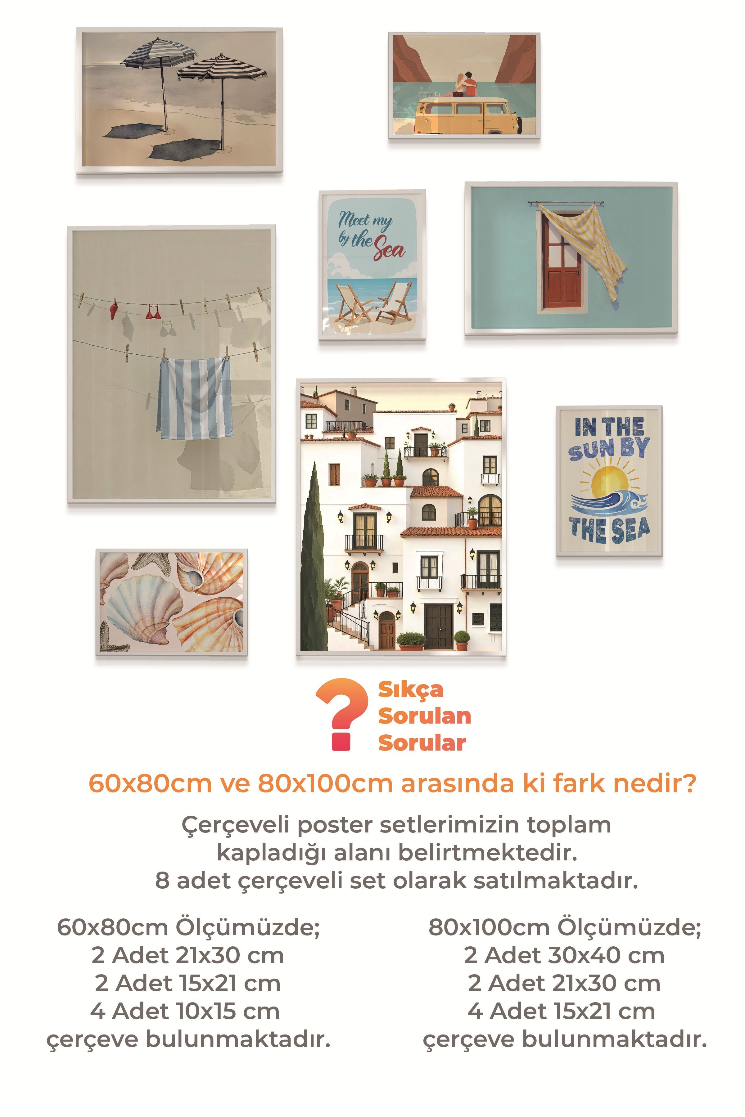 Çerçeveli Poster Seti, 8 Adet Beyaz Çerçeve ve Poster Kahverengi Yaz Temalı Galeri Seti NO:068