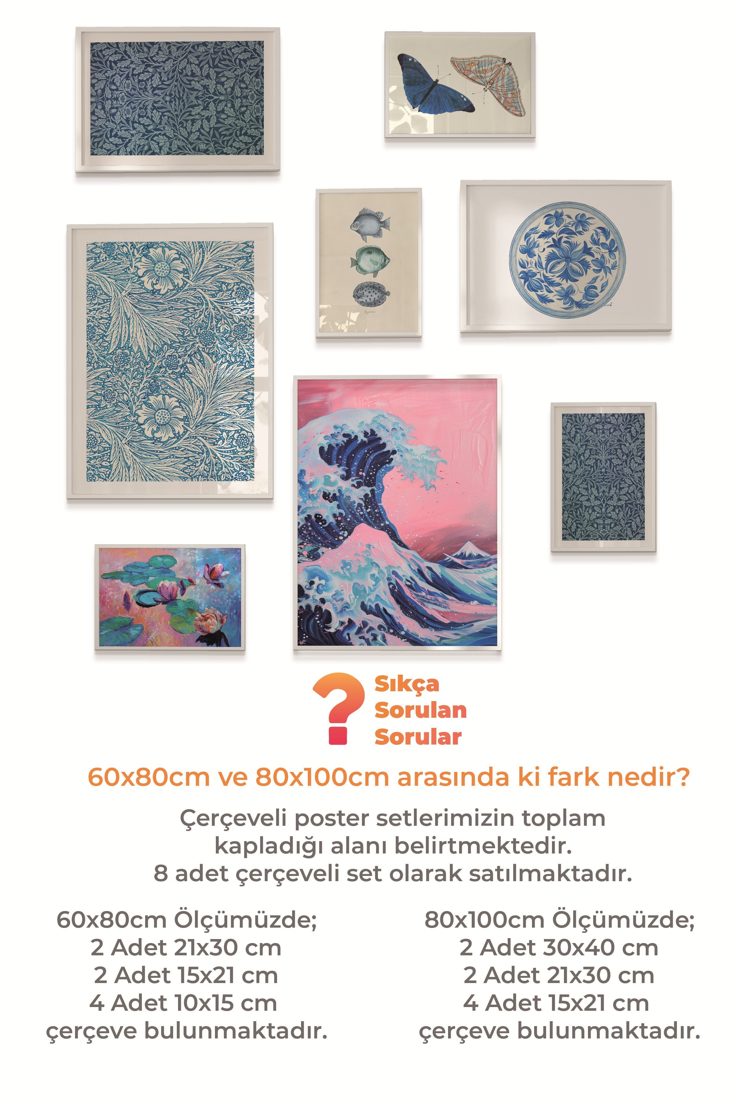 Çerçeveli Poster Seti, 8 Adet Beyaz Çerçeve ve Poster Mavi Yaz Temalı Galeri Seti NO:058