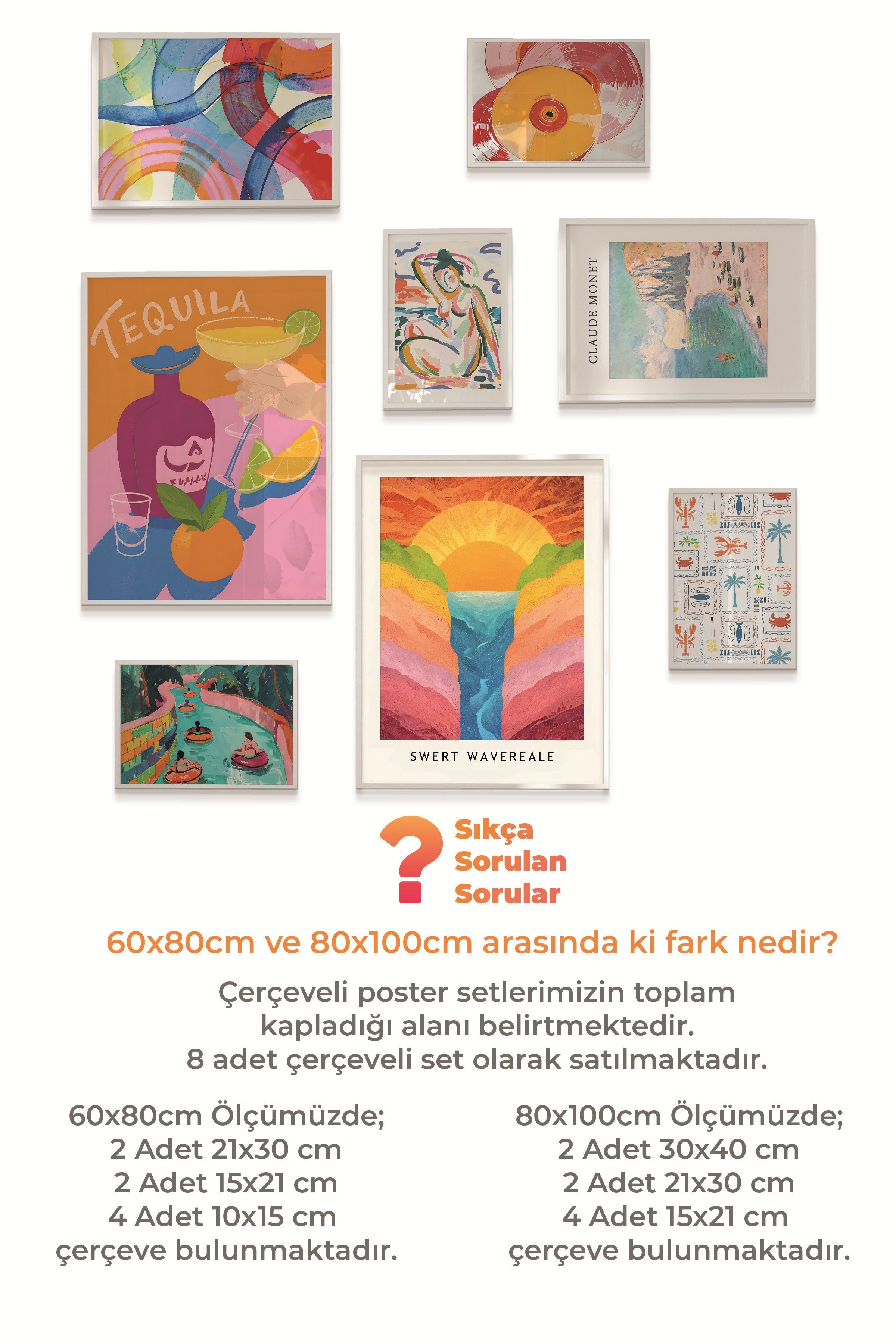 Çerçeveli Poster Seti, 8 Adet Beyaz Çerçeve ve Poster Maximalist Mutfak Temalı Galeri Seti NO:079