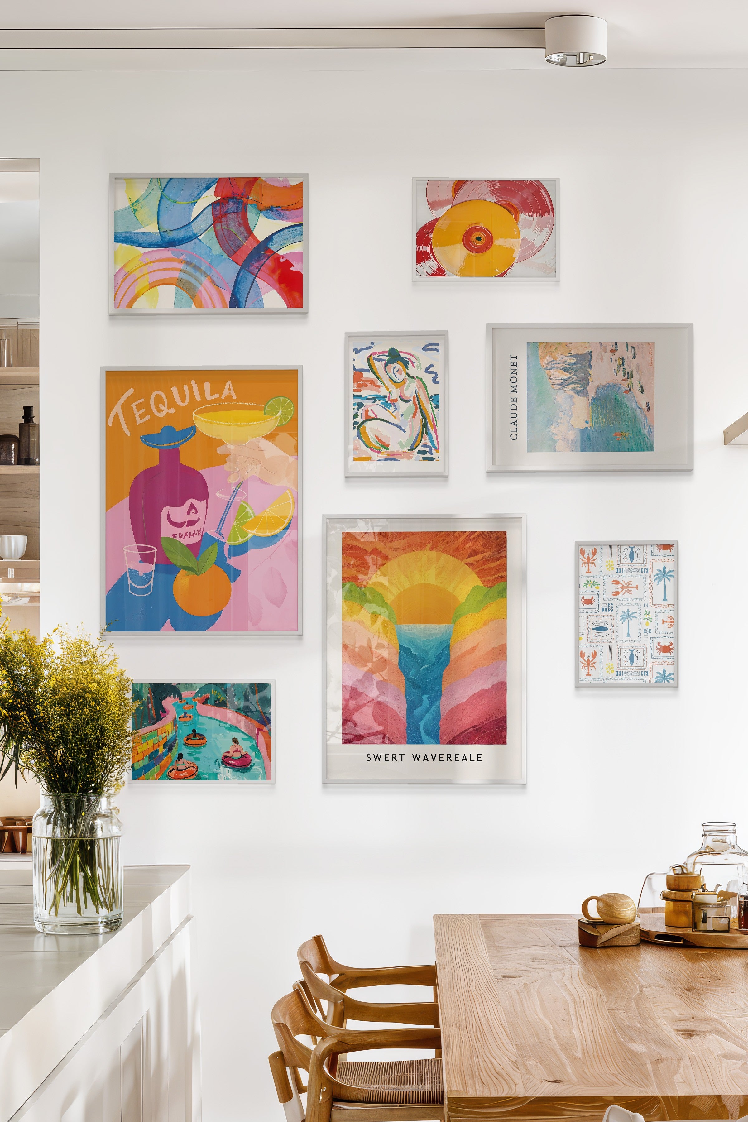 Çerçeveli Poster Seti, 8 Adet Beyaz Çerçeve ve Poster Maximalist Mutfak Temalı Galeri Seti NO:079