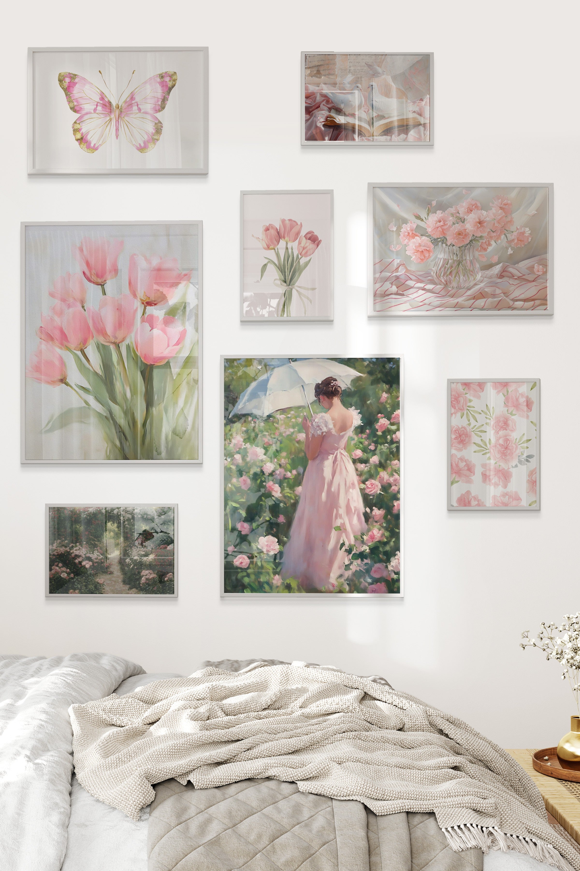 Çerçeveli Poster Seti, 8 Adet Beyaz Çerçeve ve Poster Pembe Çiçekler Temalı Galeri Seti NO:072