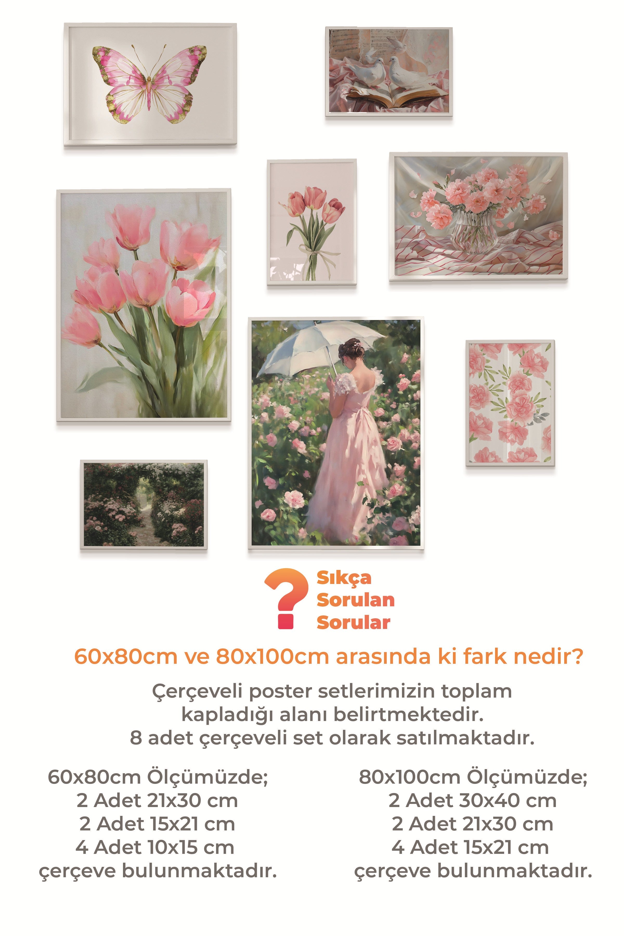 Çerçeveli Poster Seti, 8 Adet Beyaz Çerçeve ve Poster Pembe Çiçekler Temalı Galeri Seti NO:072