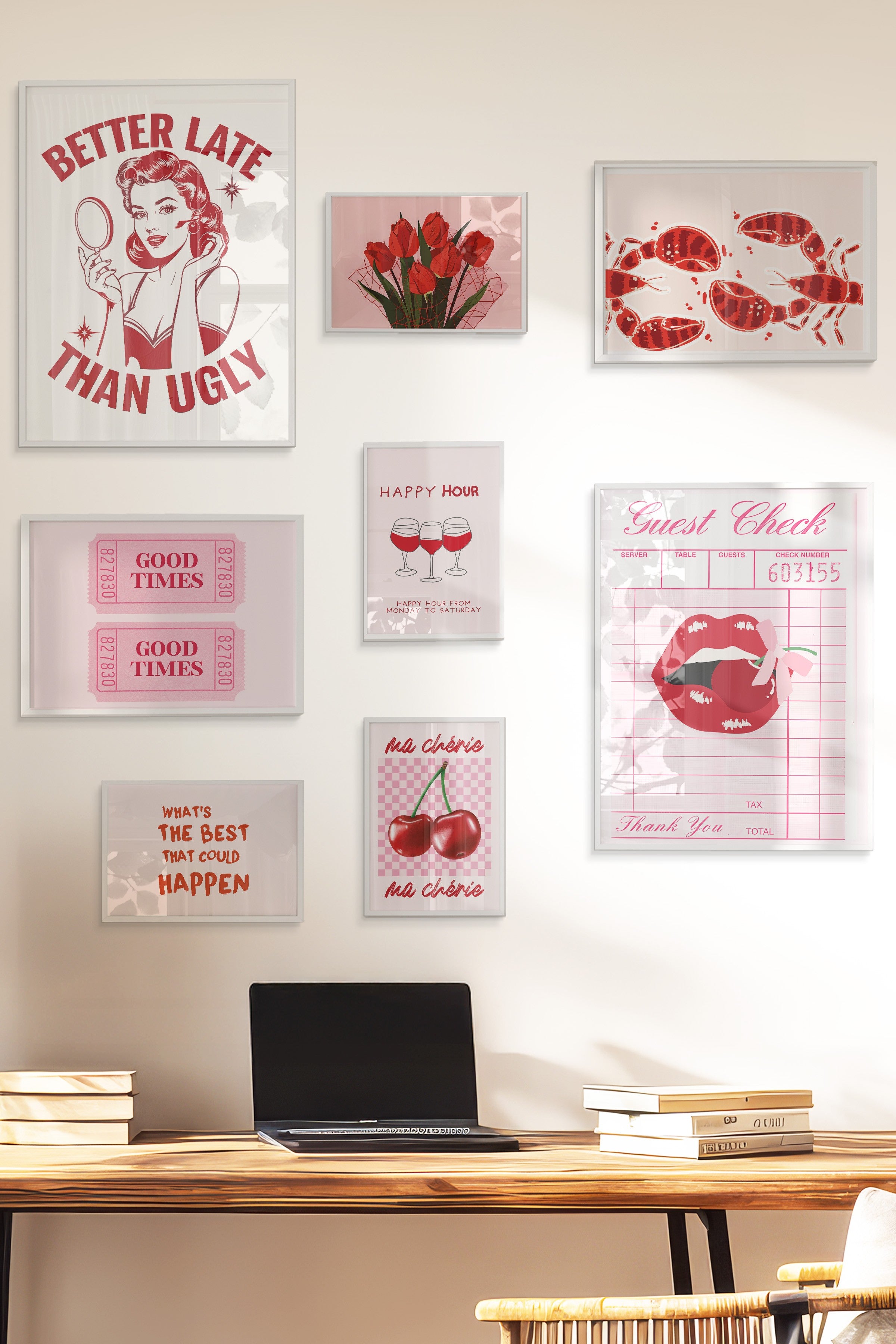 Çerçeveli Poster Seti, 8 Adet Beyaz Çerçeve ve Poster Pembe Maximalist Temalı Galeri Seti NO:054