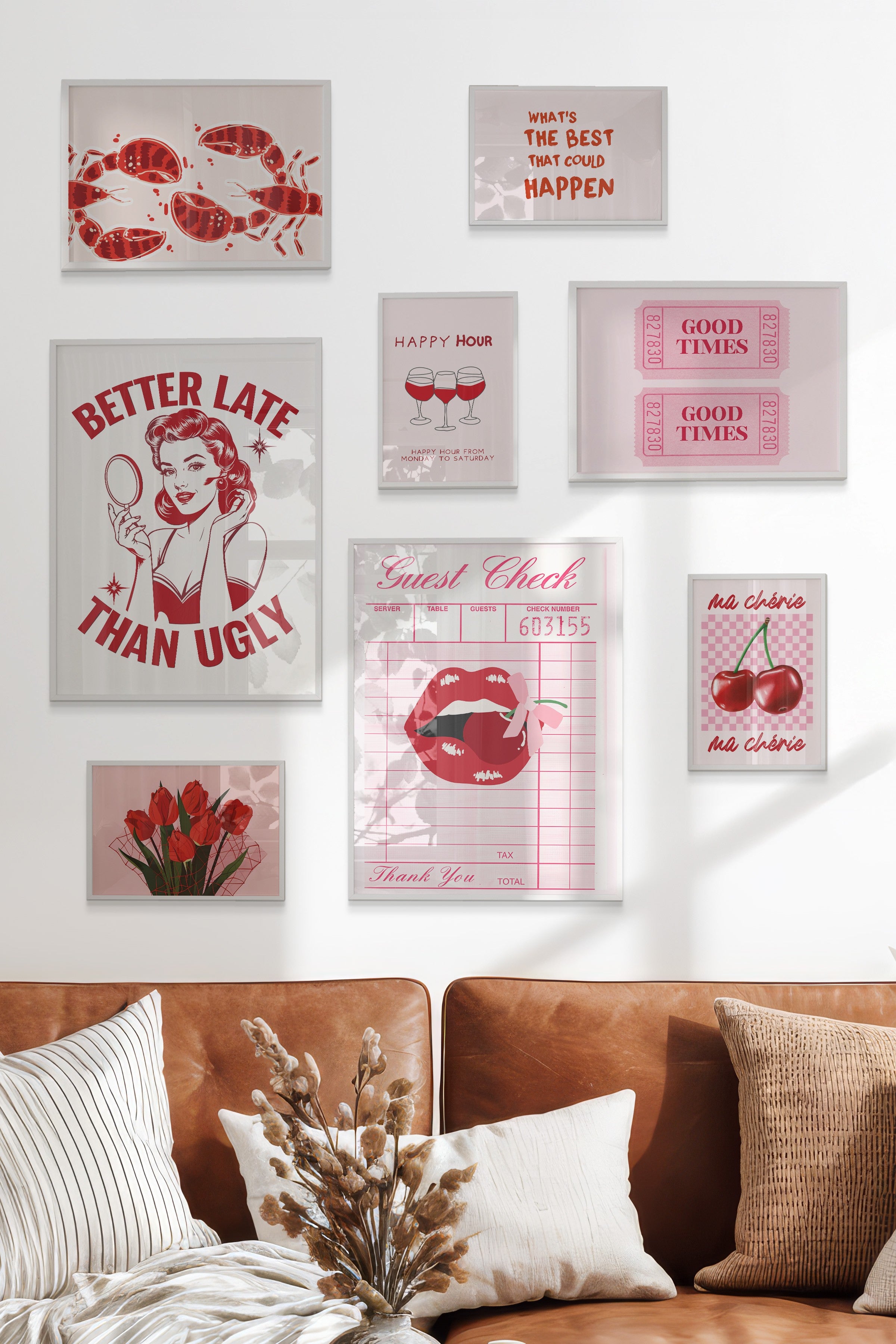 Çerçeveli Poster Seti, 8 Adet Beyaz Çerçeve ve Poster Pembe Maximalist Temalı Galeri Seti NO:054