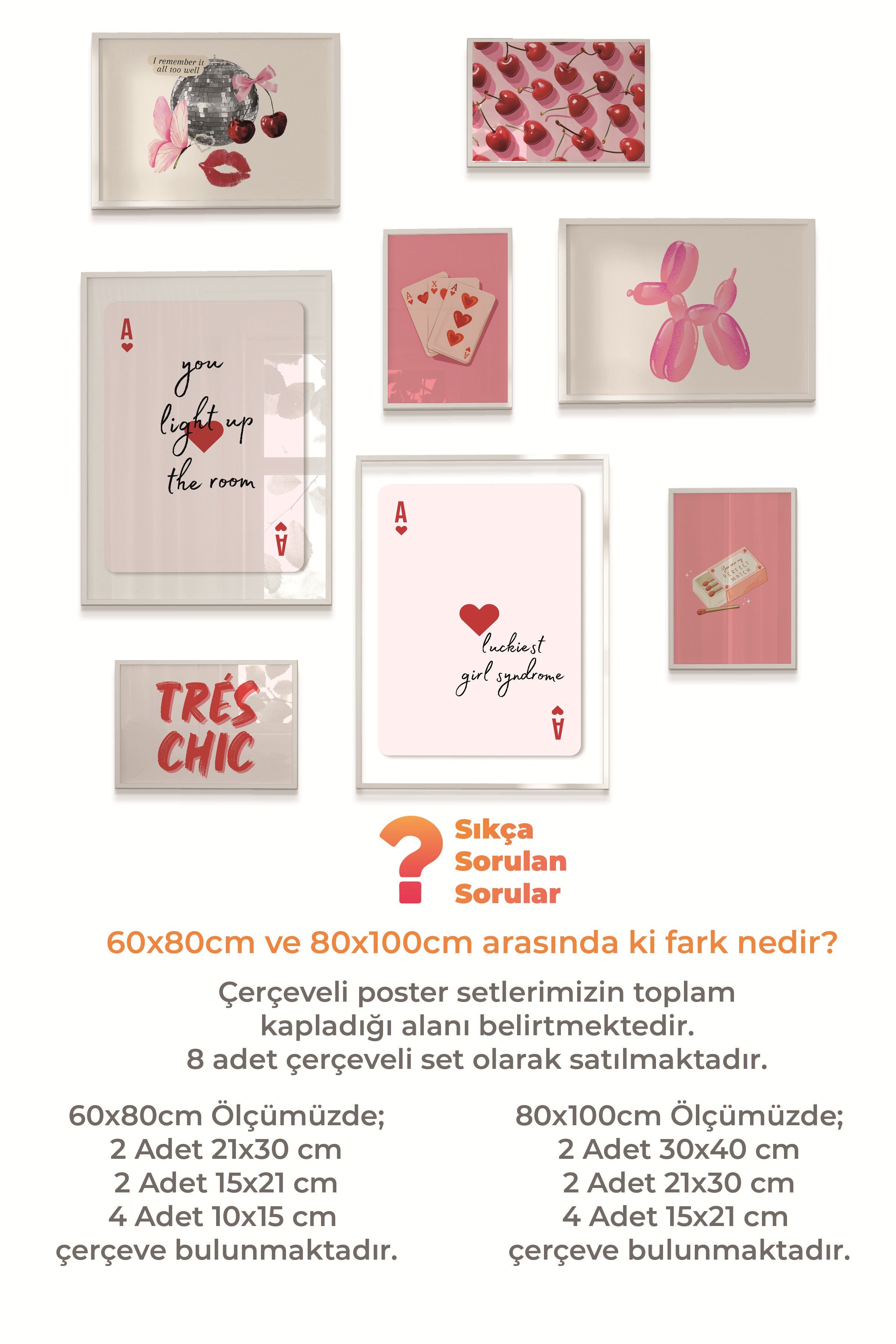 Çerçeveli Poster Seti, 8 Adet Beyaz Çerçeve ve Poster Pembe Maximalist Temalı Galeri Seti NO:063