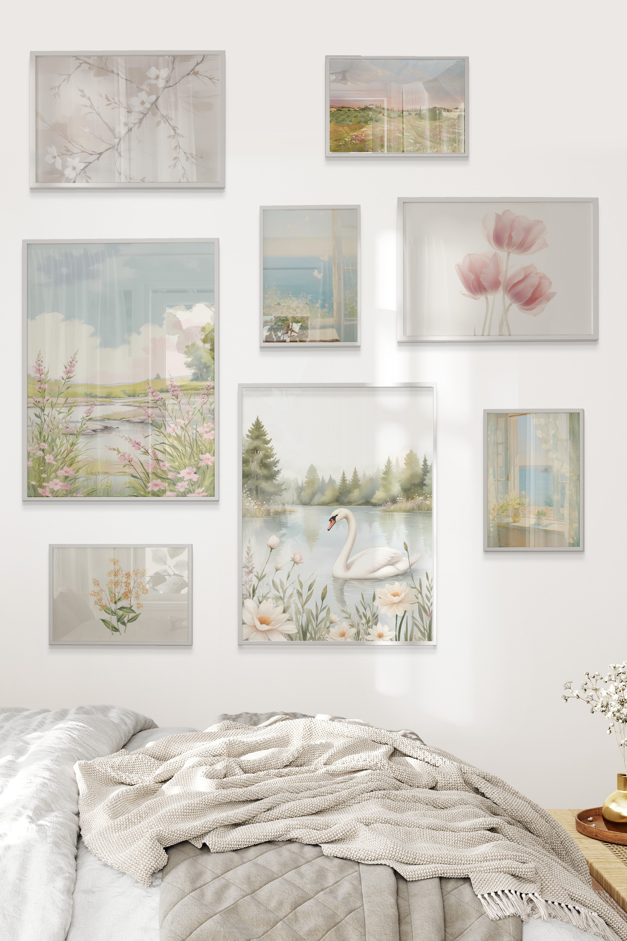 Çerçeveli Poster Seti, 8 Adet Beyaz Çerçeve ve Poster Pembe Vintage Temalı Galeri Seti NO:053