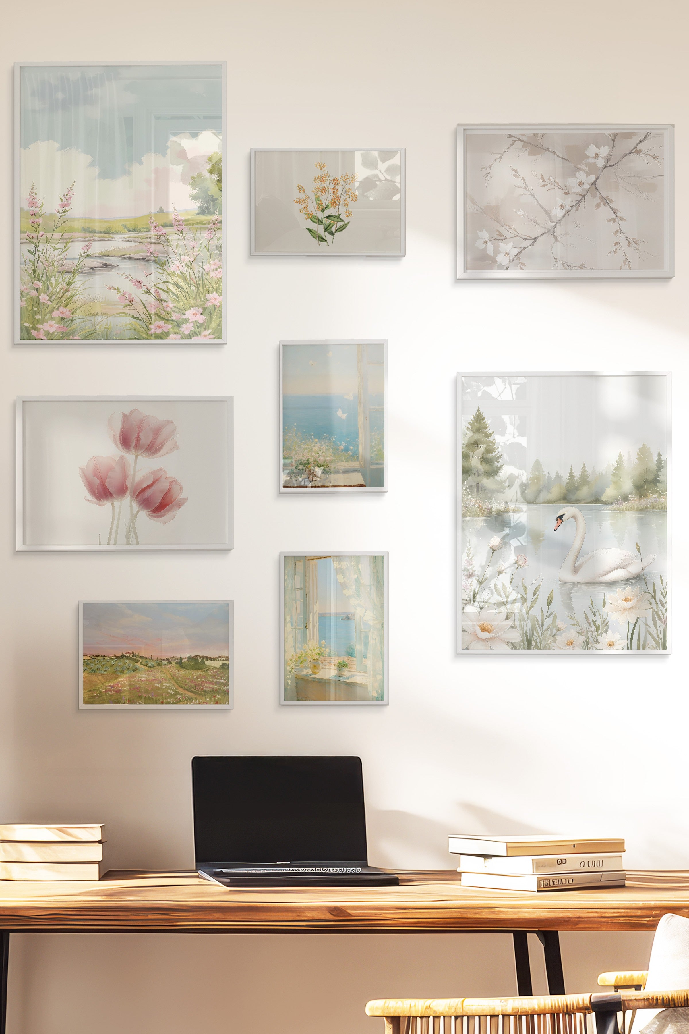 Çerçeveli Poster Seti, 8 Adet Beyaz Çerçeve ve Poster Pembe Vintage Temalı Galeri Seti NO:053