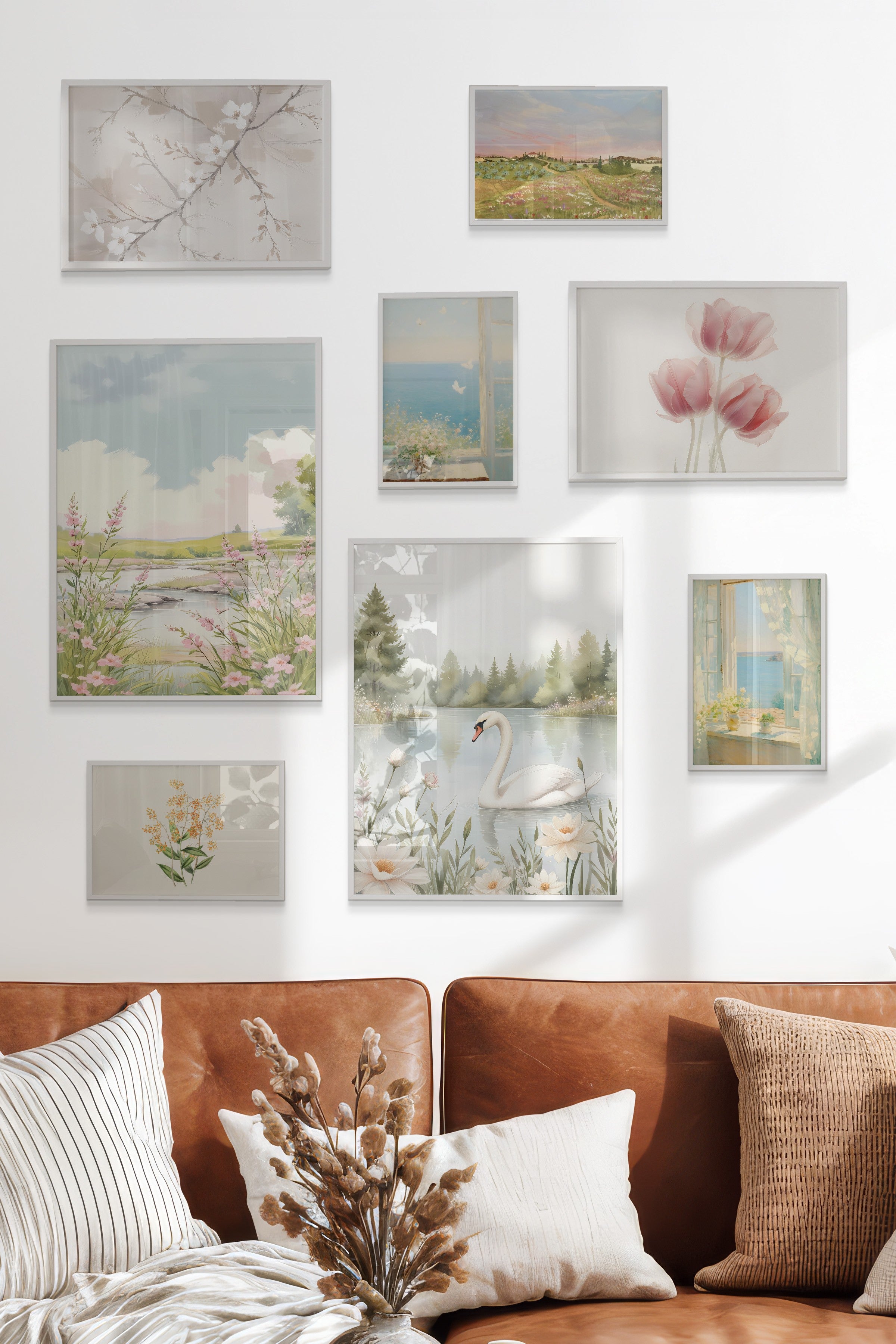 Çerçeveli Poster Seti, 8 Adet Beyaz Çerçeve ve Poster Pembe Vintage Temalı Galeri Seti NO:053