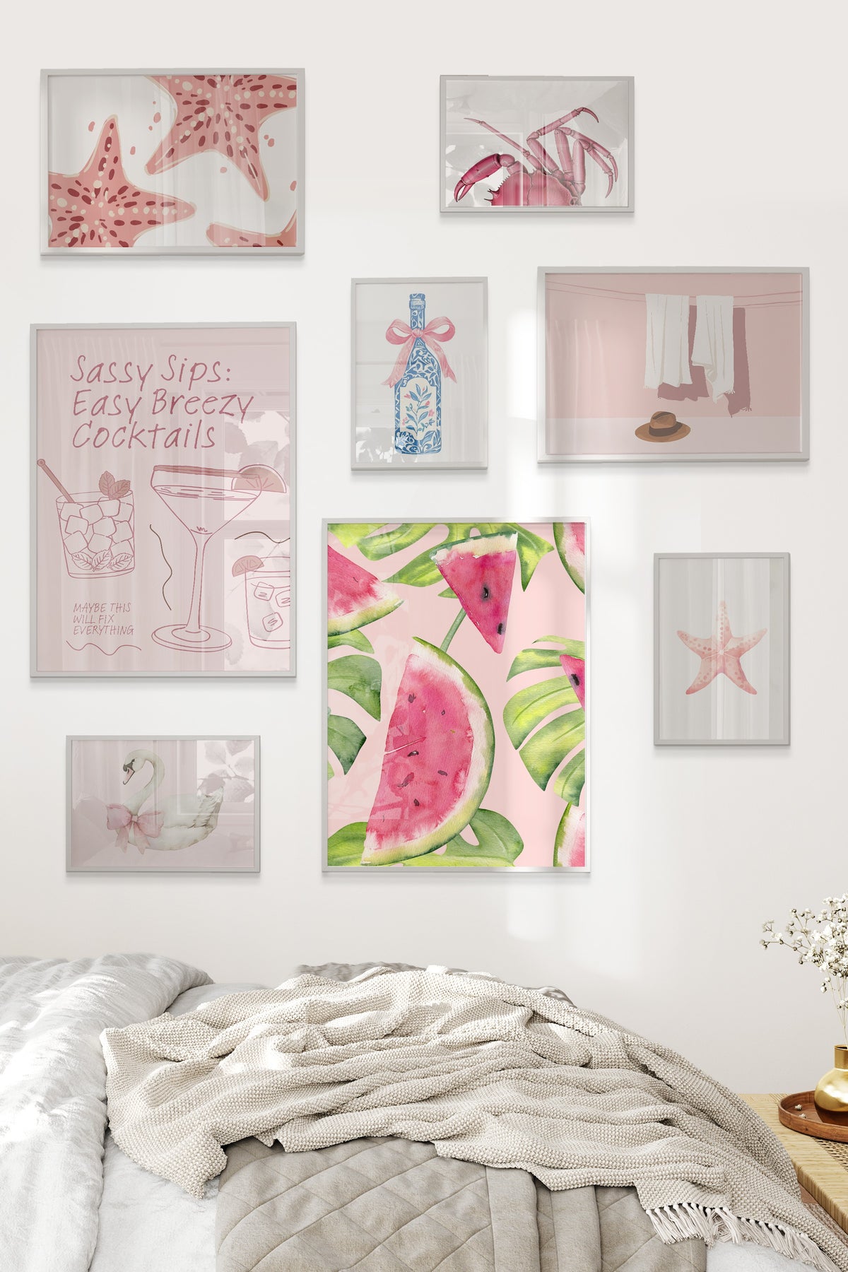 Çerçeveli Poster Seti, 8 Adet Beyaz Çerçeve ve Poster Pembe Yaz Temalı Galeri Seti NO:056